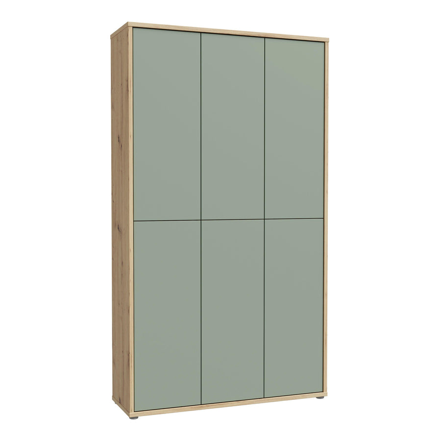 Alice Springs Shoe Cabinet with 6 Doors Push-to-Open in Artisan Oak and Sage Green Doors