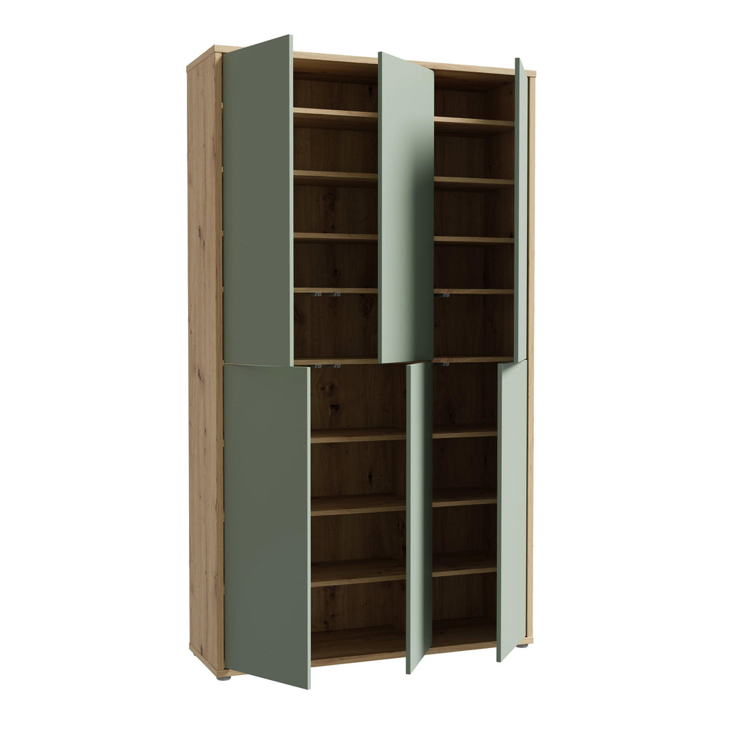 Alice Springs Shoe Cabinet with 6 Doors Push-to-Open in Artisan Oak and Sage Green Doors - image 4