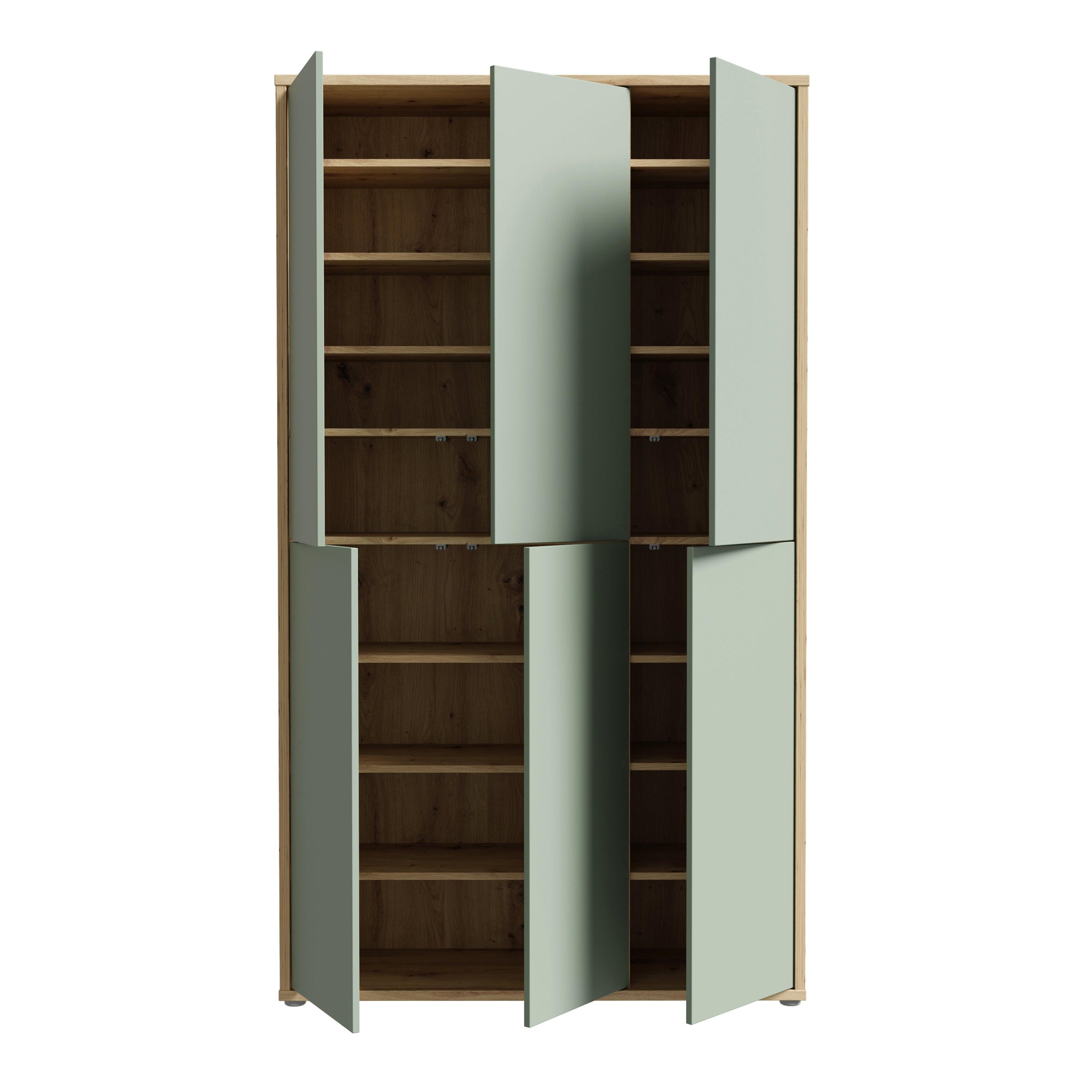 Alice Springs Shoe Cabinet with 6 Doors Push-to-Open in Artisan Oak and Sage Green Doors - image 5