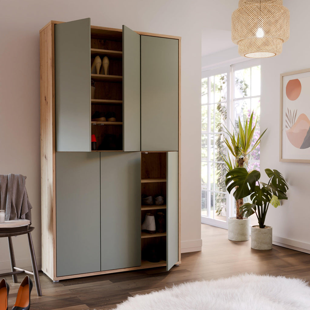 Alice Springs Shoe Cabinet with 6 Doors Push-to-Open in Artisan Oak and Sage Green Doors - image 7