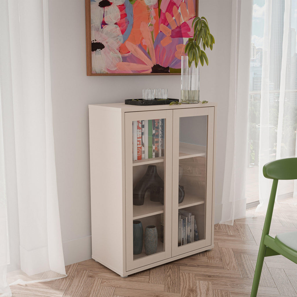 Alice Springs Low Glass Fronted Cabinet with 2 Push-to-Open Doors in Sand - image 6