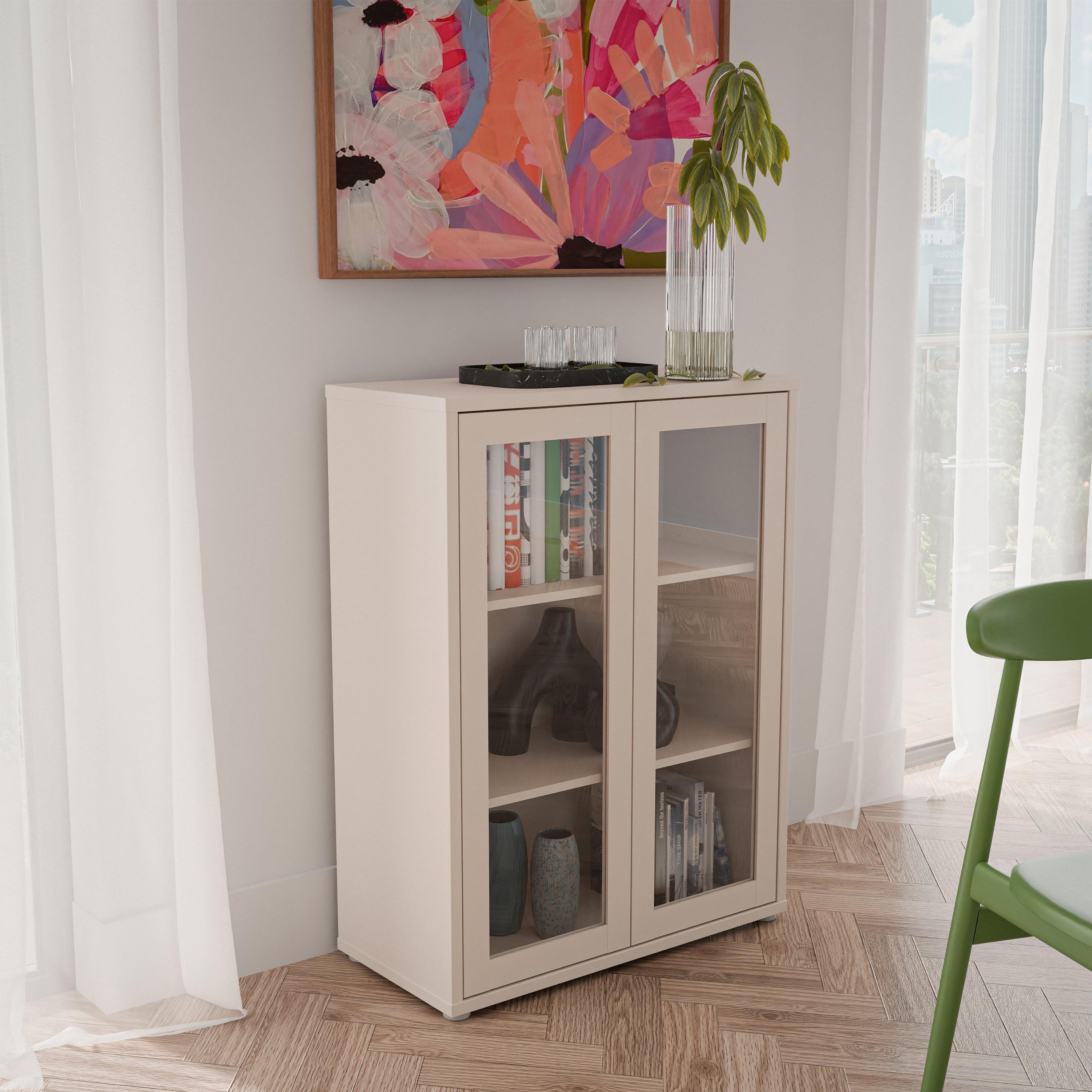 Alice Springs Low Glass Fronted Cabinet with 2 Push-to-Open Doors in Sand - image 6
