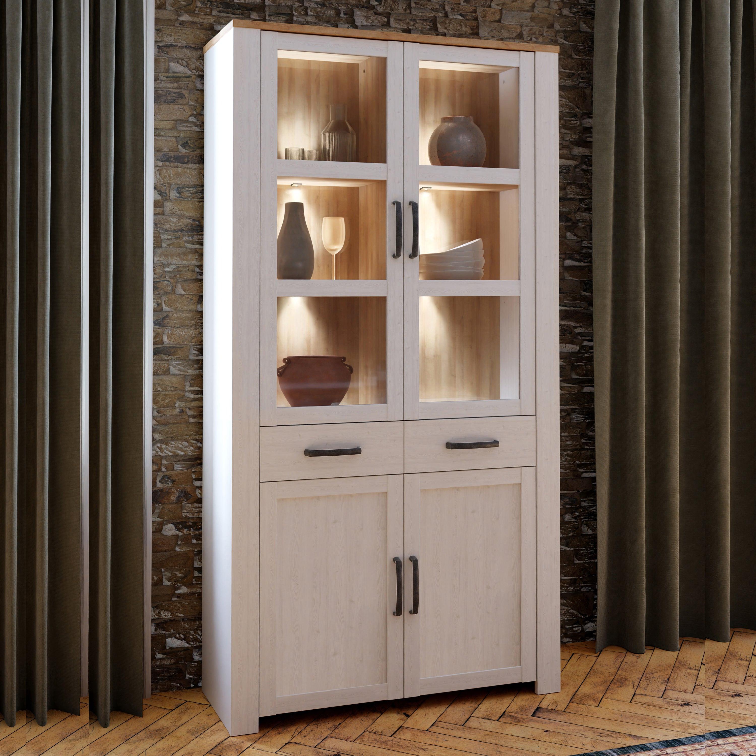 Bohol Display Cabinet 4 Door 2 Drawer in Oak/White inc LED Lighting - image 7