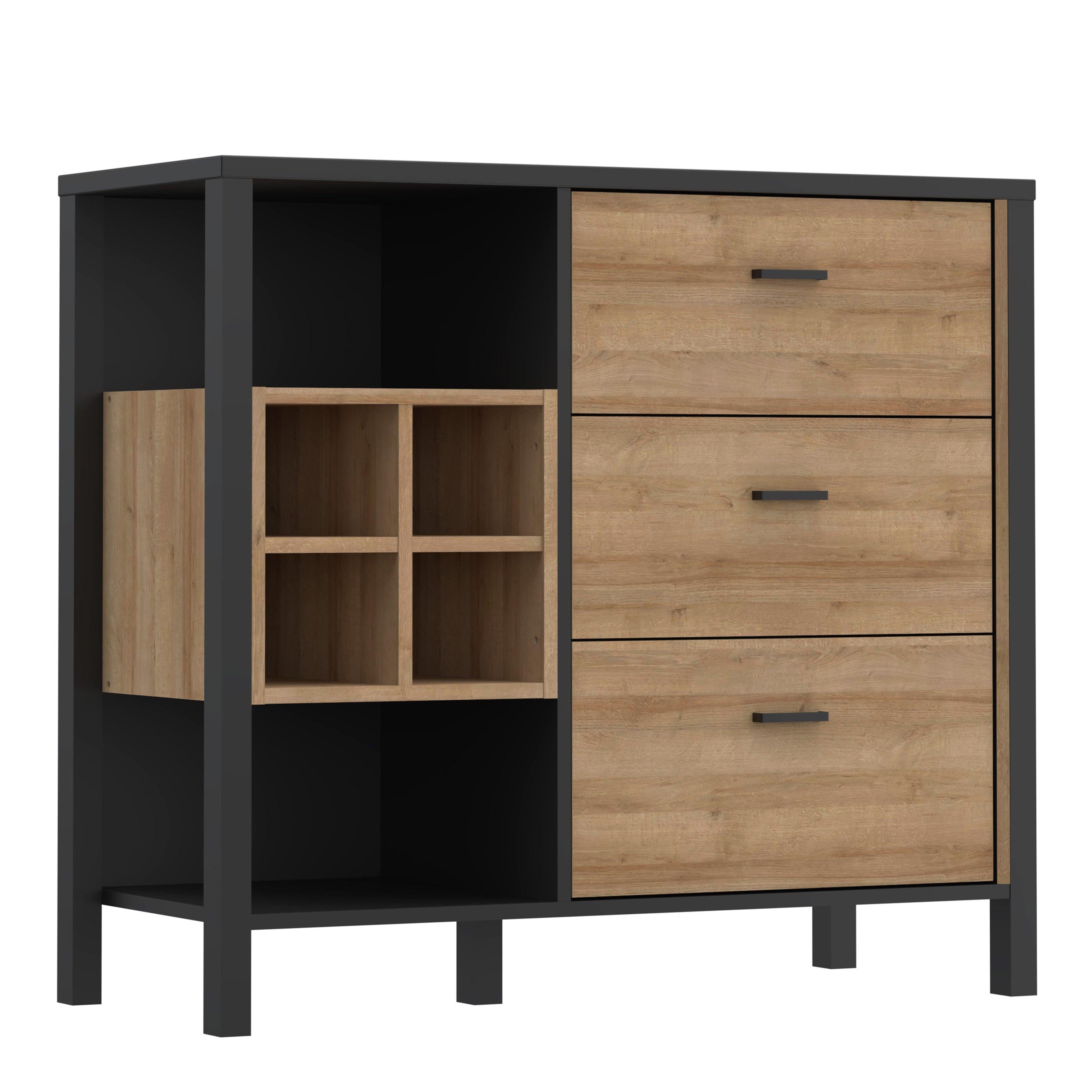 High Rock 3 Drawer Display Chest in Matt Black/Riviera Oak