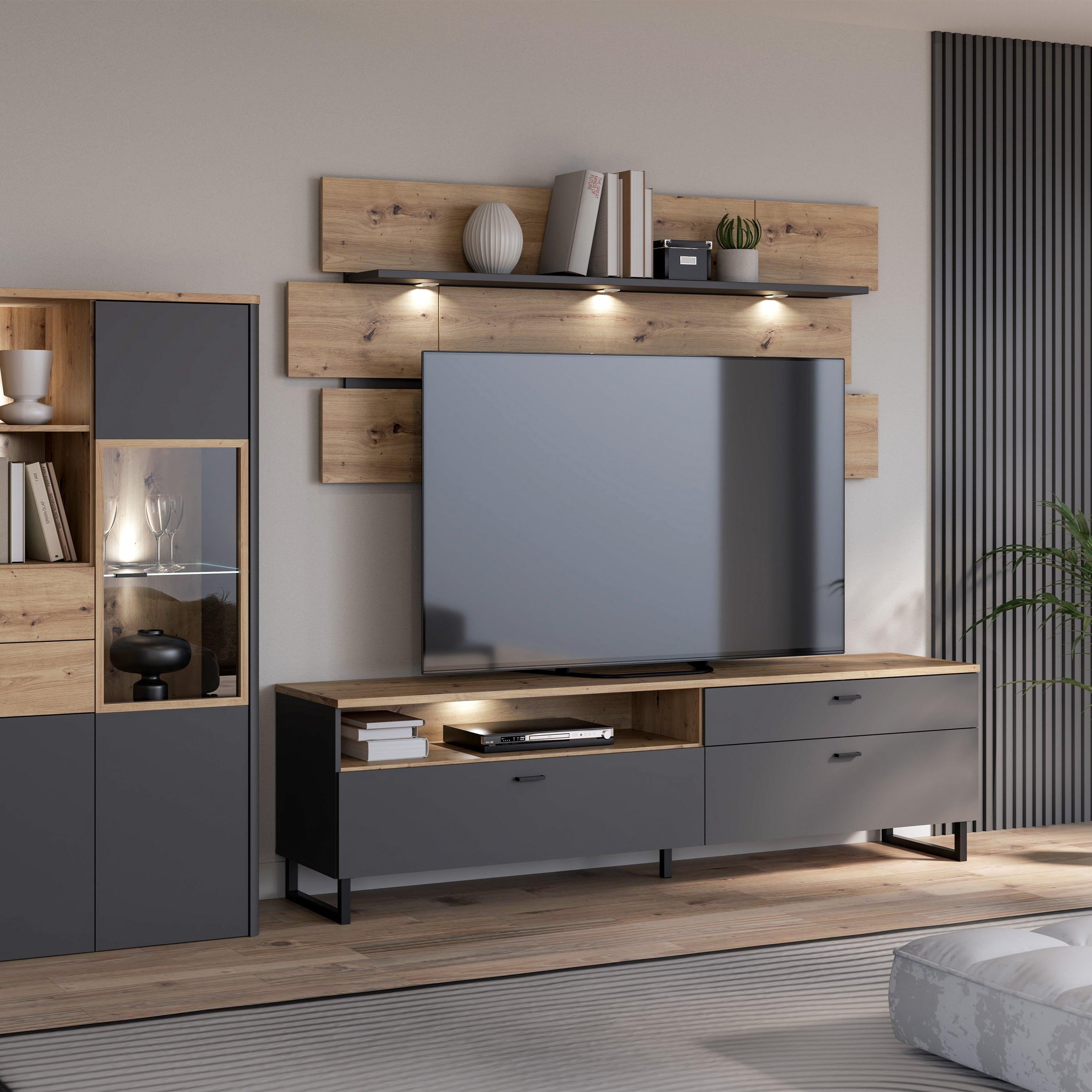 Klara TV Unit with 1 Drawer 2 Flip Doors in Grey and Oak inc LED Lighting - image 5