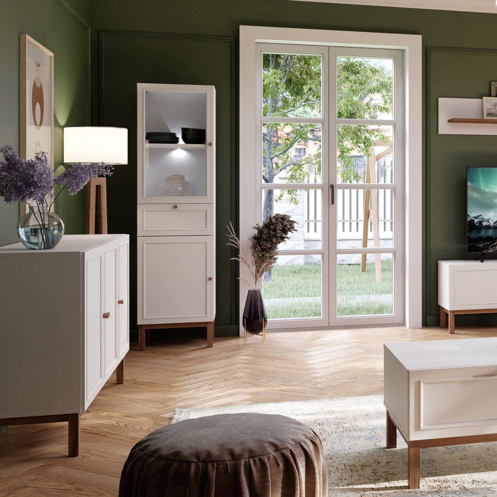 Wensley Display Cabinet with 1 Door 1 Drawer and 1 Glass Door in Light Grey and Oak inc LED Lighting - image 5
