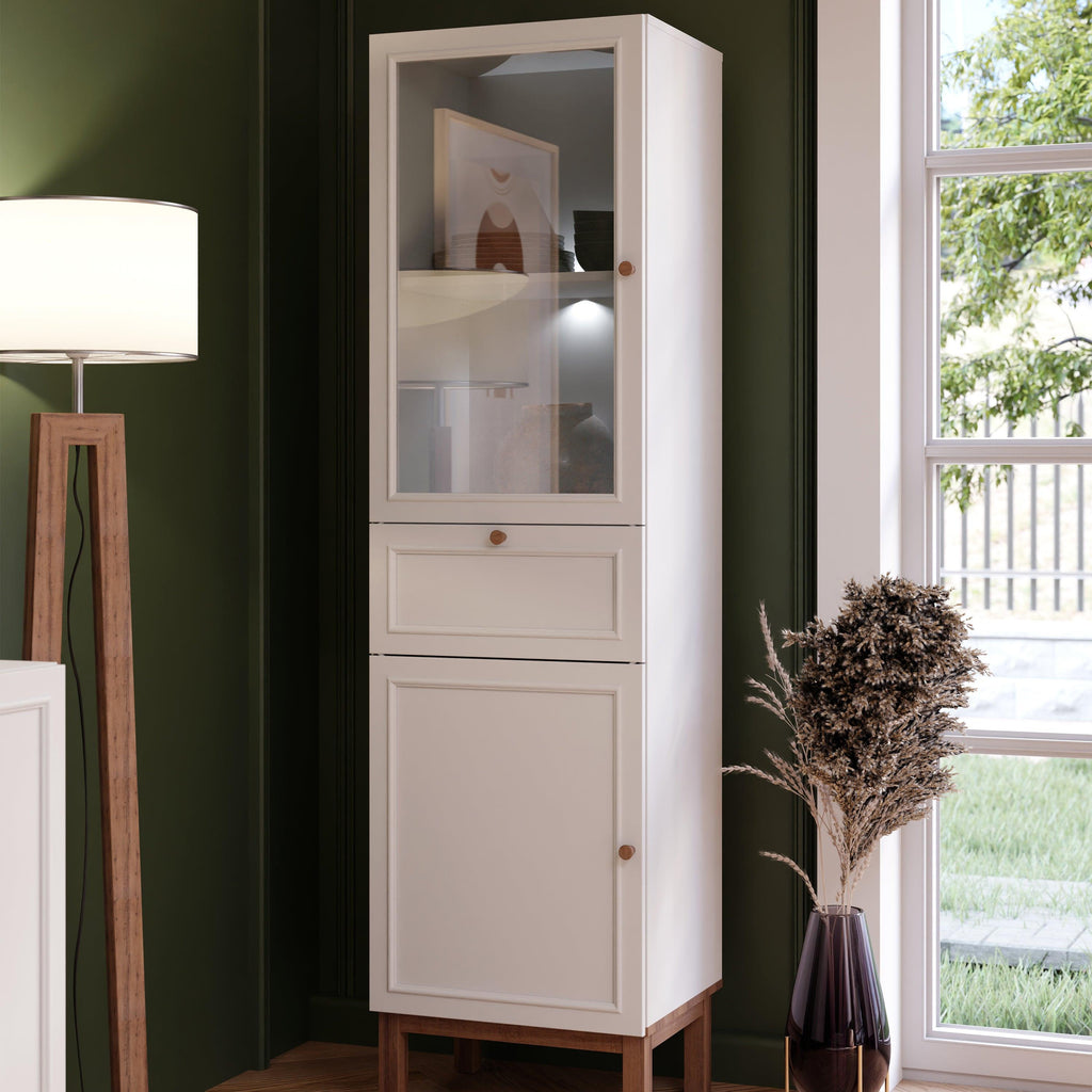 Wensley Display Cabinet with 1 Door 1 Drawer and 1 Glass Door in Light Grey and Oak inc LED Lighting - image 7