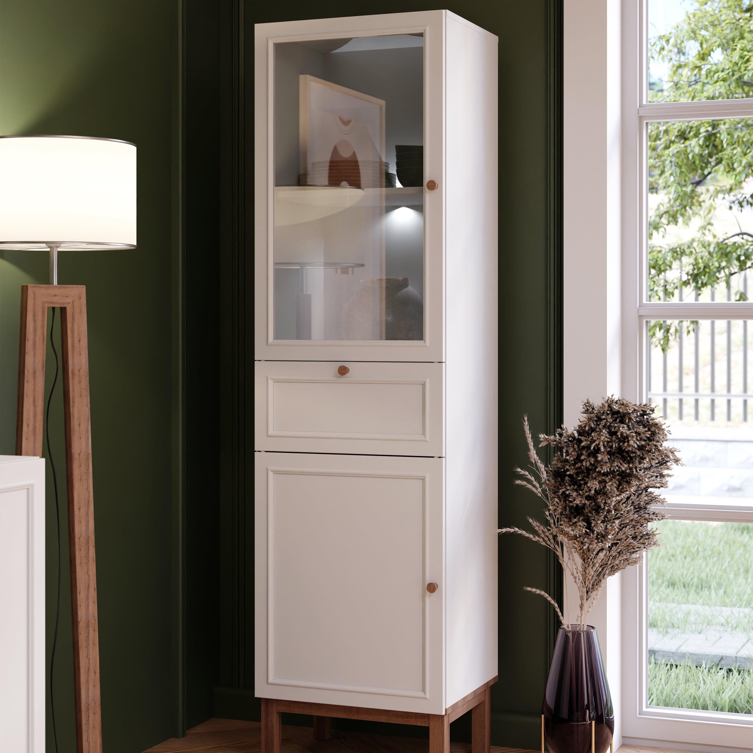 Wensley Display Cabinet with 1 Door 1 Drawer and 1 Glass Door in Light Grey and Oak inc LED Lighting - image 7