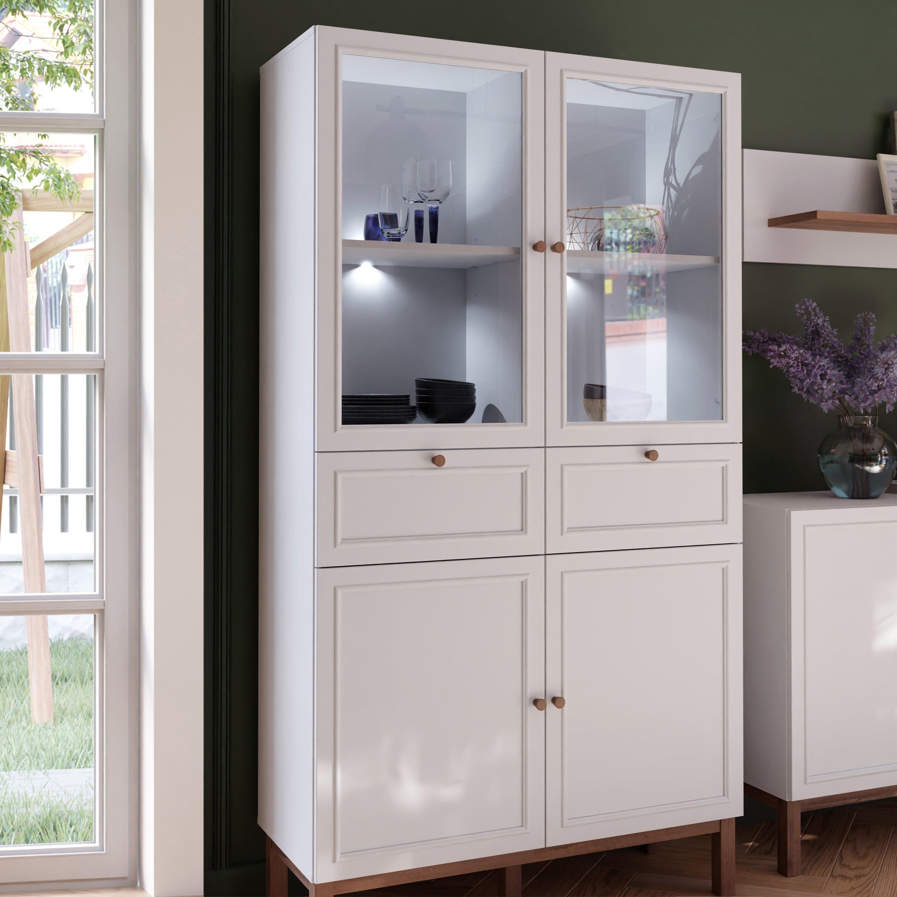 Wensley Display Cabinet with 2 Doors 2 Drawers and 2 Glass Doors in Light Grey and Oak inc LED Lighting - image 5