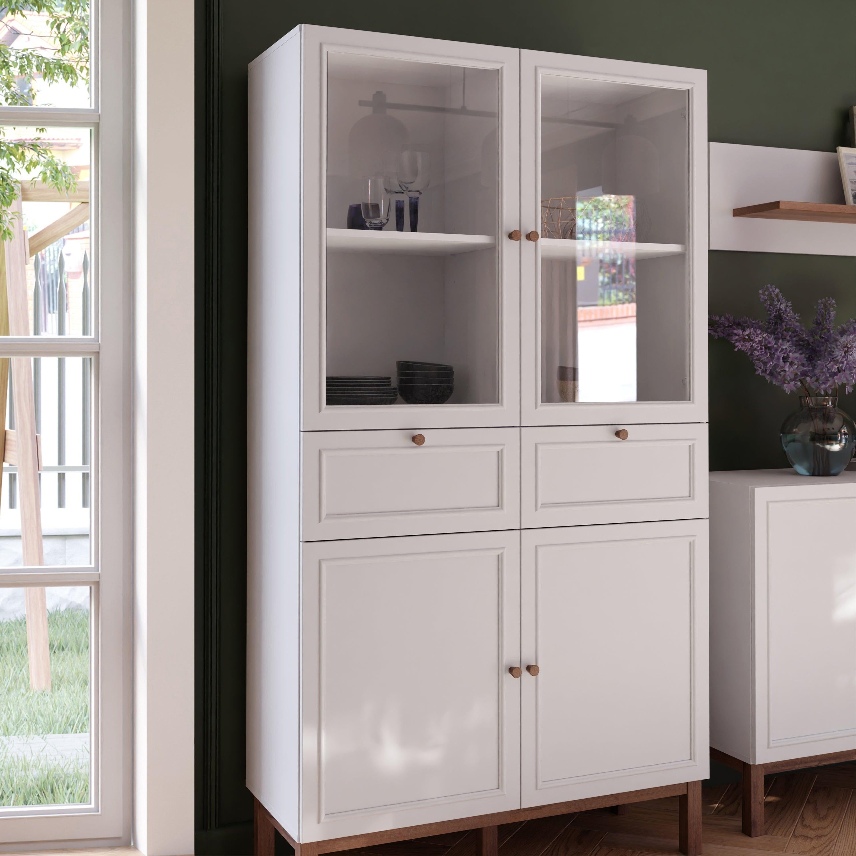 Wensley Display Cabinet with 2 Doors 2 Drawers and 2 Glass Doors in Light Grey and Oak inc LED Lighting - image 6