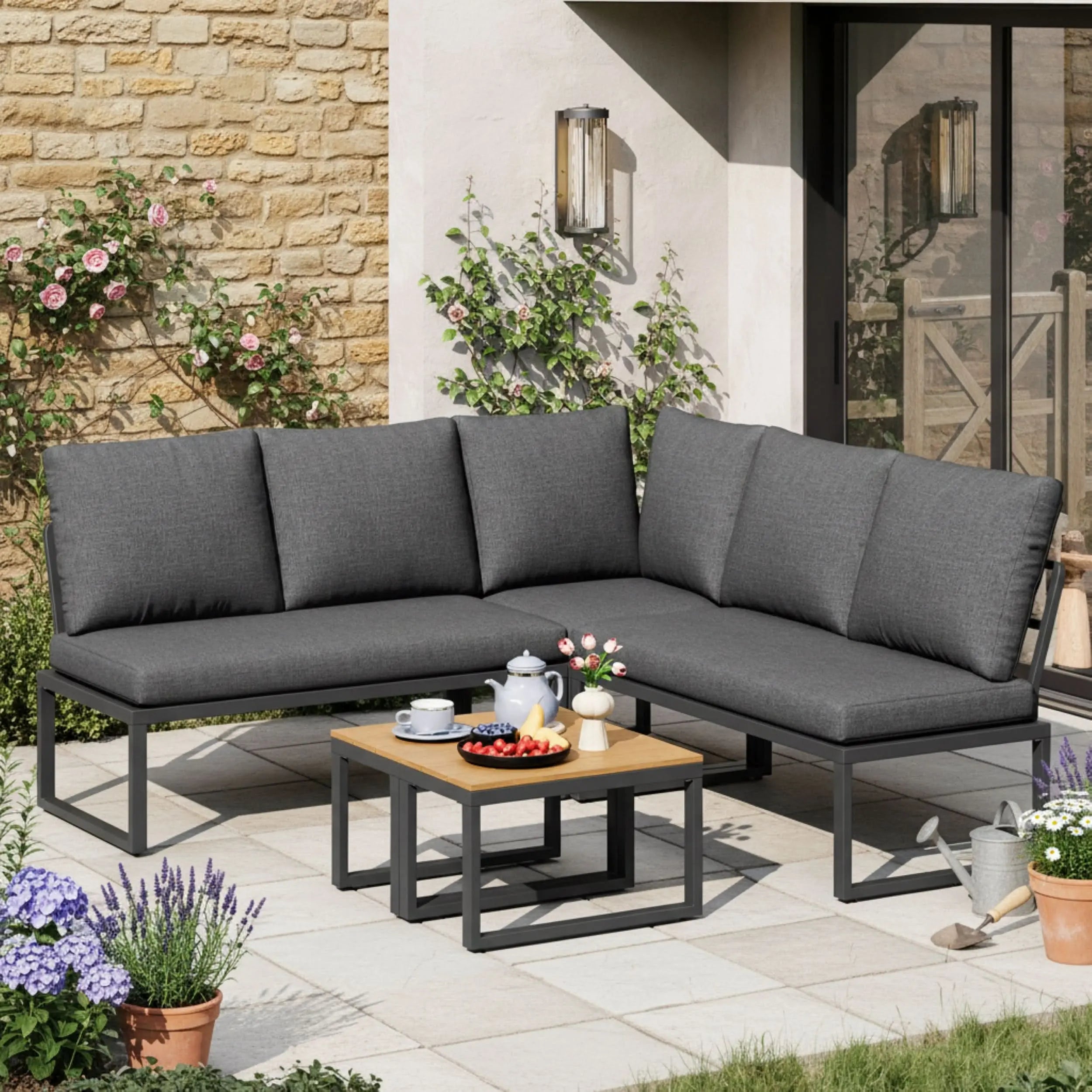 4-5 Seater Garden Outdoor Set With Flexibly Convertible Plastic Wood Tables, Adjustable Corner Sofa And Lounge Chair, Weather-Resistant Patio Furniture For Garden, Balcony And Terrace, Linen, Grey Haslam Living