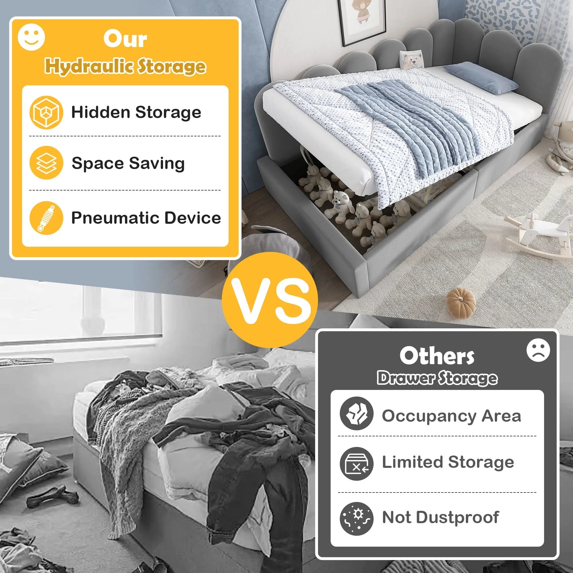 Upholstered Bed Daybed With Storage, 3FT Single Sofa Bed, Daybed With Hydraulic Storage, Bed Frame With Metal Slatted Frame, Velvet, Grey, No Mattress Haslam Living