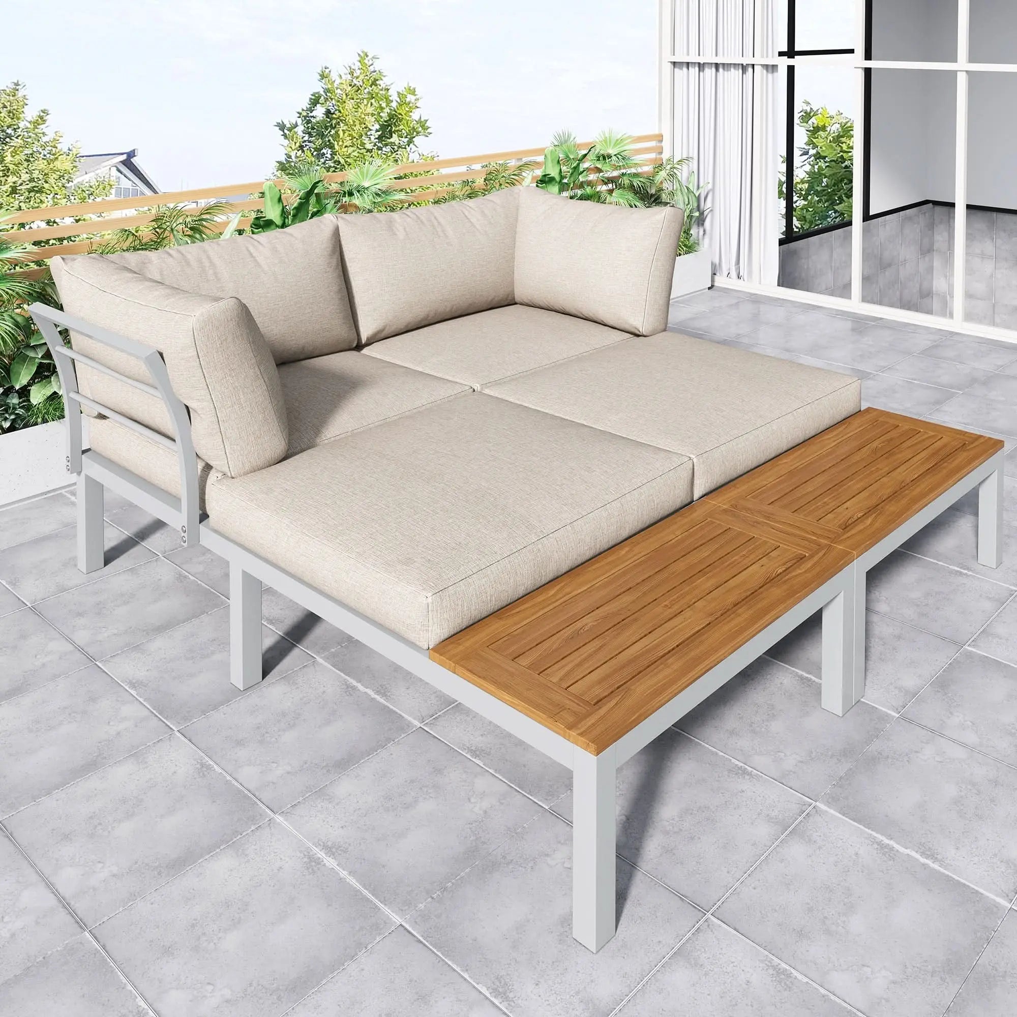 Outdoor Patio & Backyard Furniture Garden Lounge Set For 4 People, Space Saving Thick Quality L-Shaped Corner Sofa With Wooden Table, Beige Haslam Living