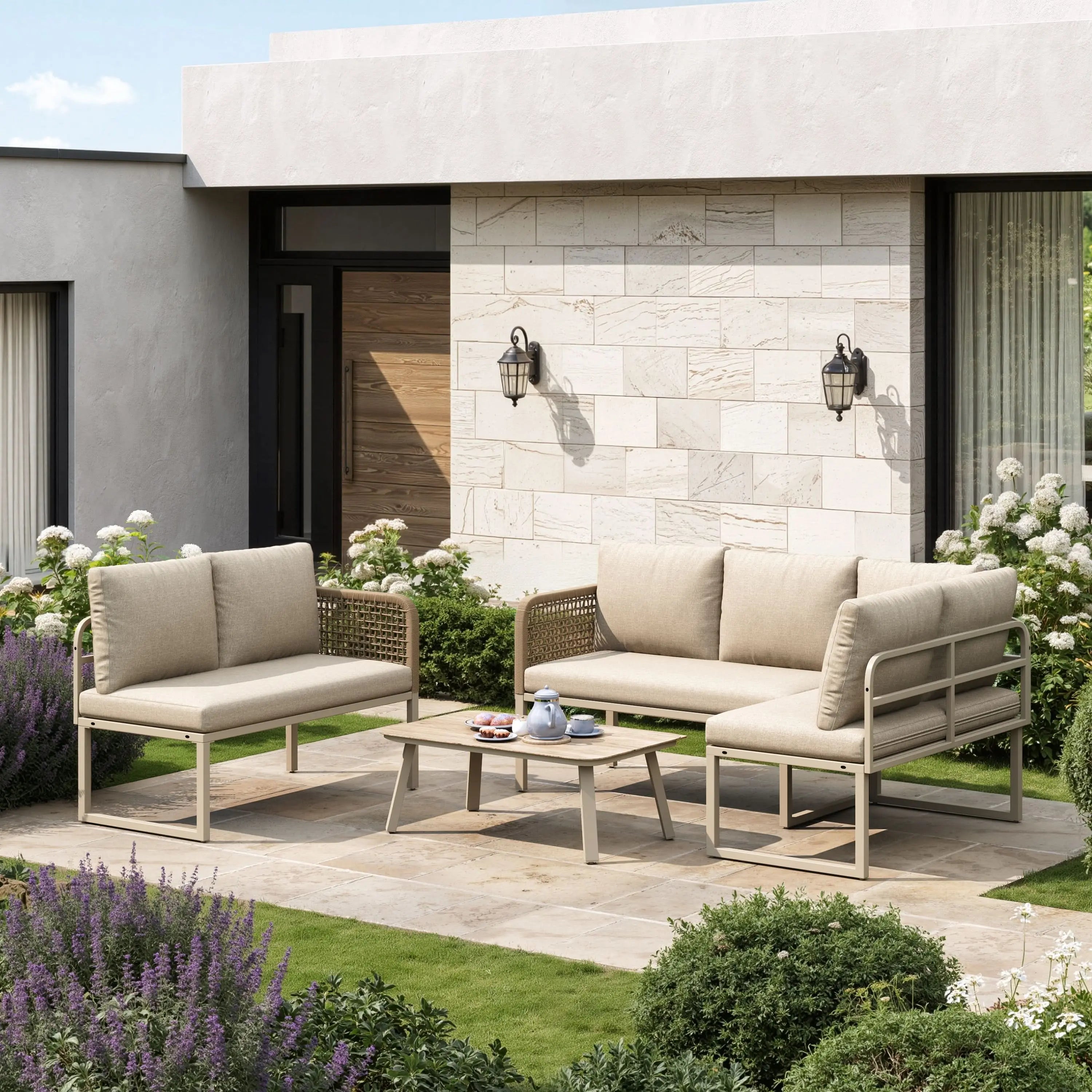 5-6 Seater Garden Furniture Set With Wood-look Tempered Glass Coffee Table, L-Shaped Corner Sofa With Polyester Rope, Weatherproof Outdoor Patio Dining Lounge Set For Balcony And Terrace, Linen, Beige Haslam Living