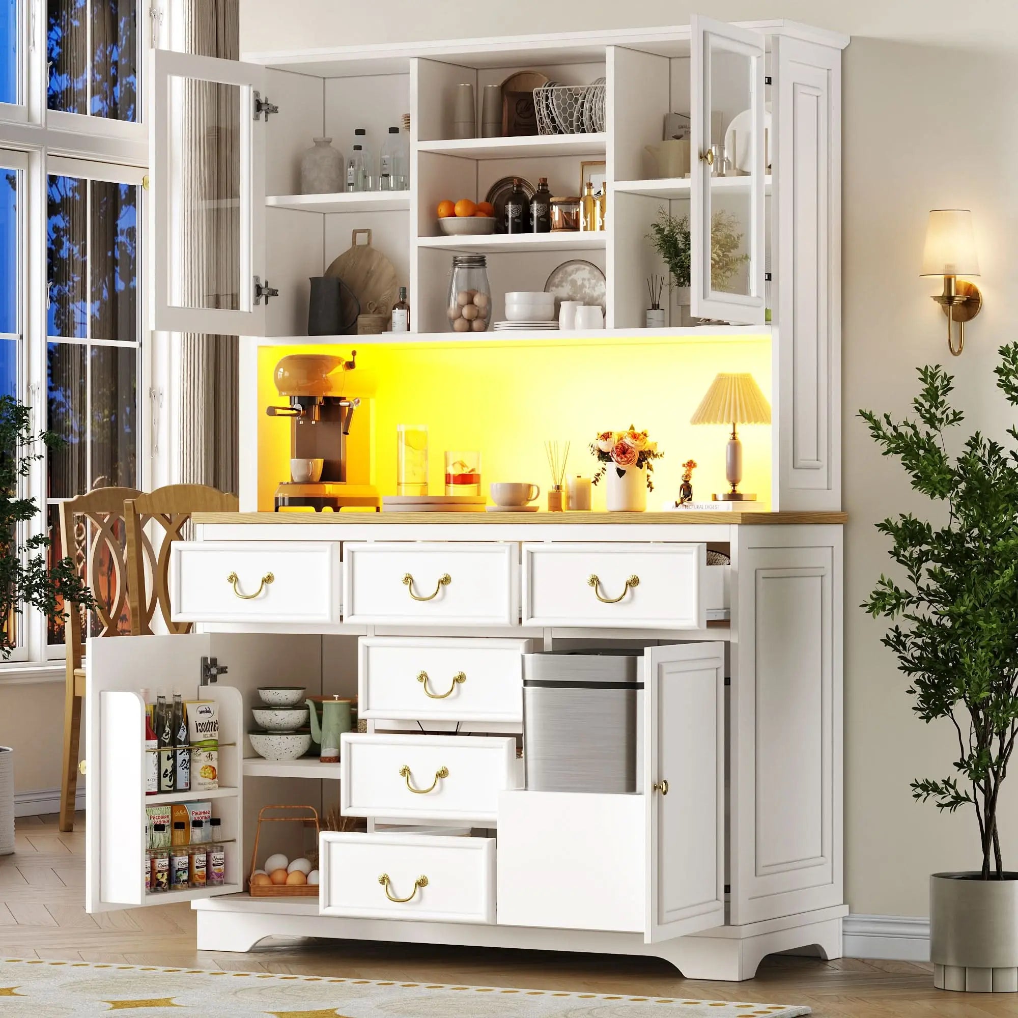 Tall Kitchen Cabinet With USB Ports And Sockets, Sideboard With LED Light Strip, Kitchen Cabinet, Storage Cabinet With Snack Shelf Doors, Sideboard, Waste Bin Can Be Installed, White Haslam Living