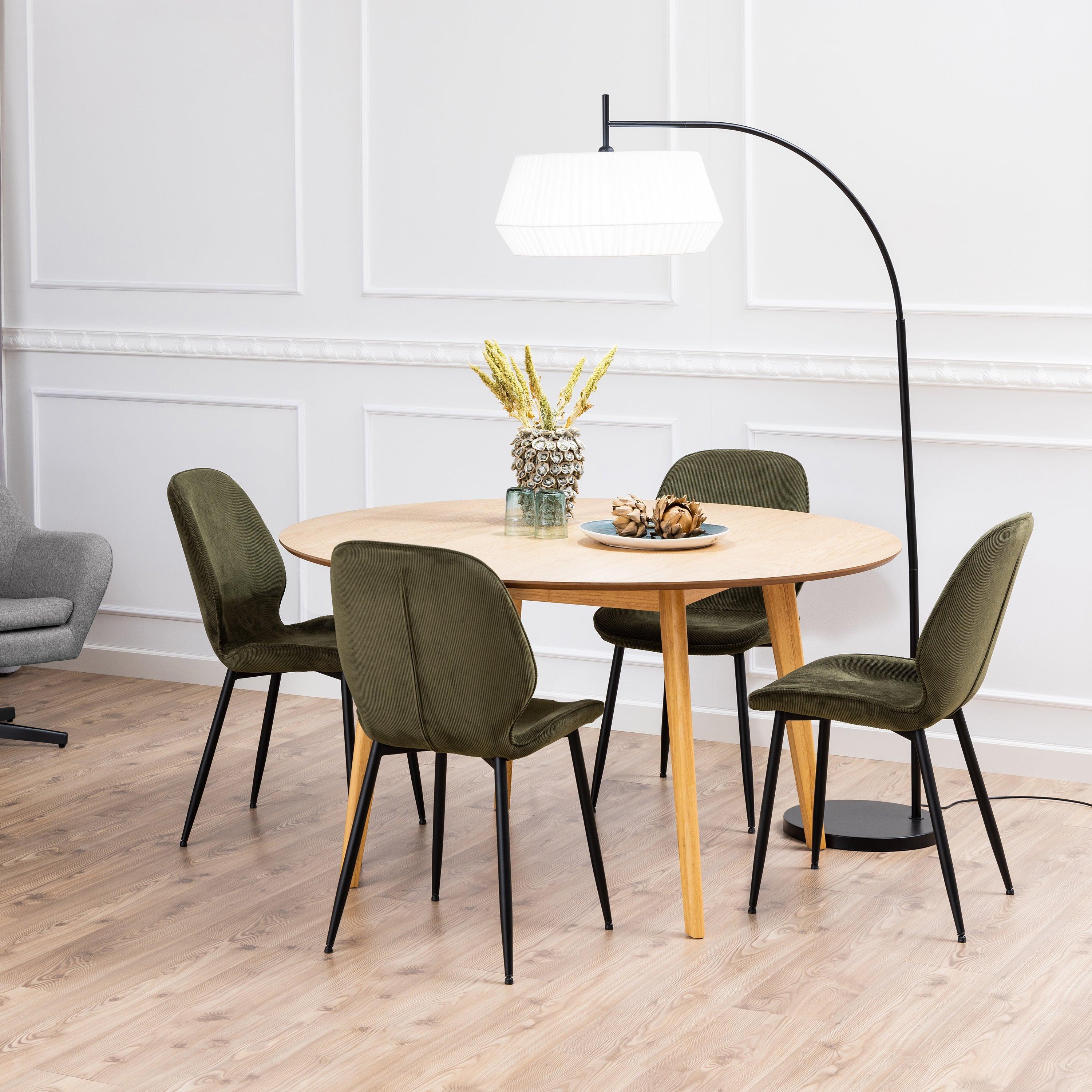 Nagano Round Dining Table in Oak 120cm includes 4 Femke Dining Chairs in Olive Green