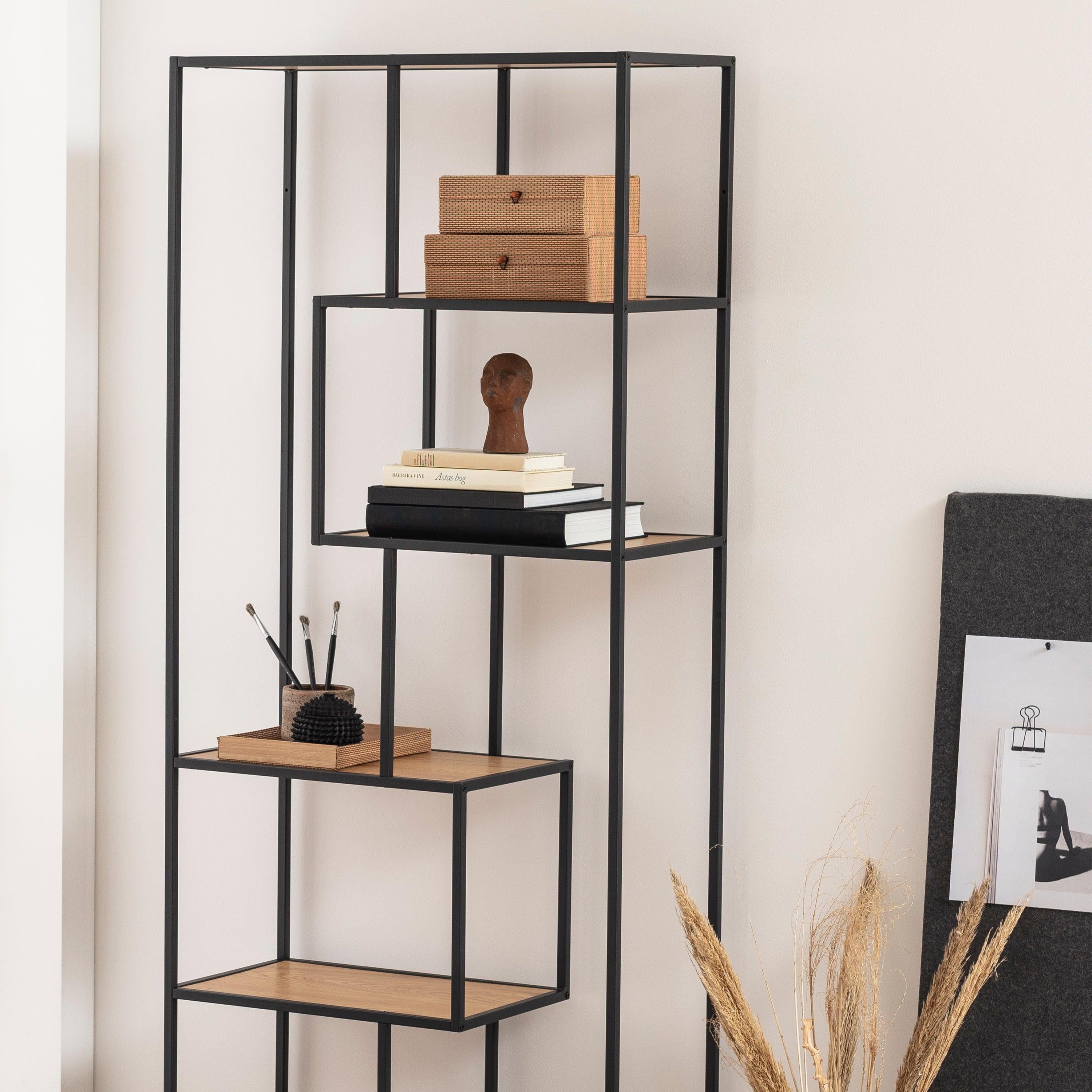 Seaford Tall Black Metal Bookcase with 5 Oak Shelves - image 8