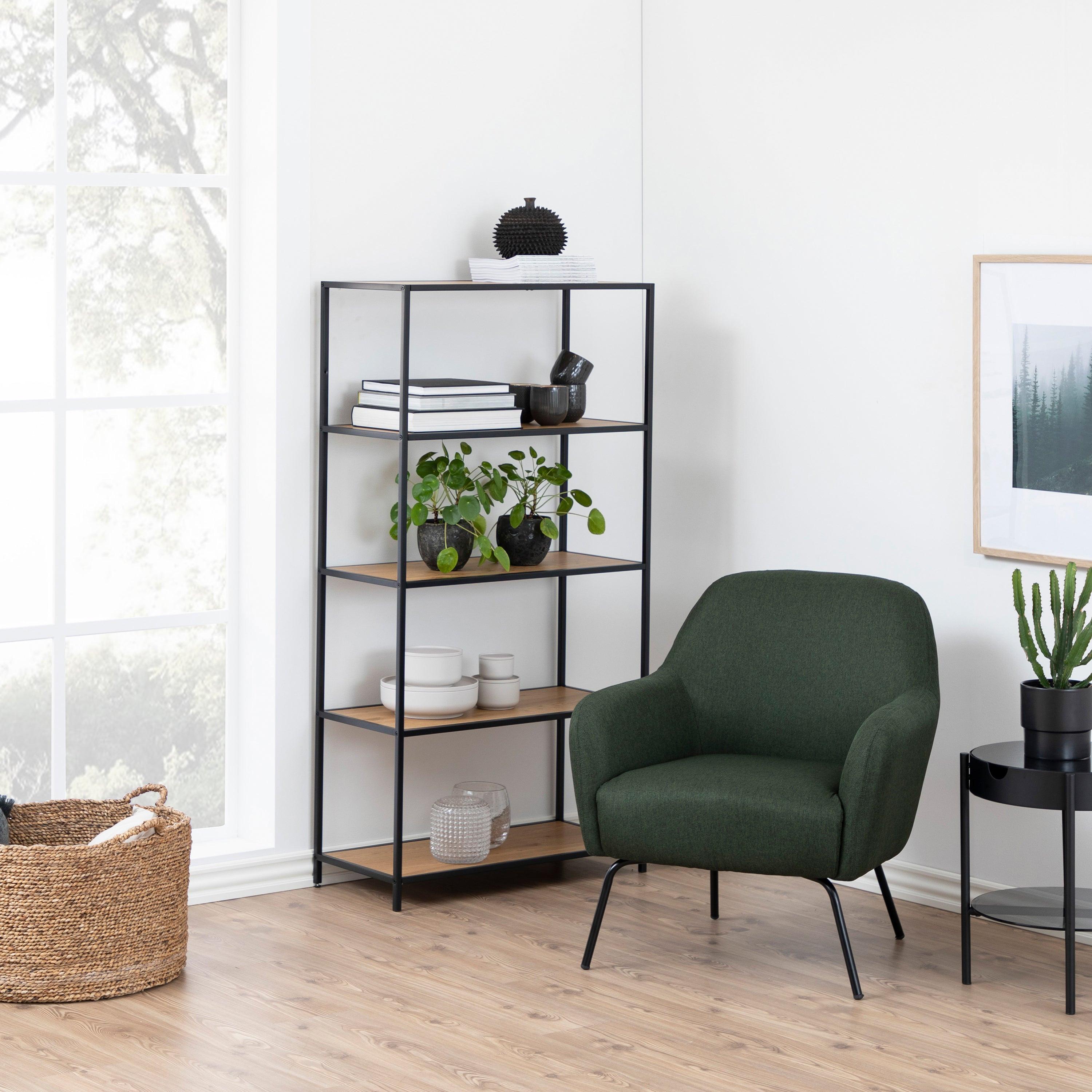 Seaford Tall Black Metal Bookcase with 4 Oak Shelves - image 4