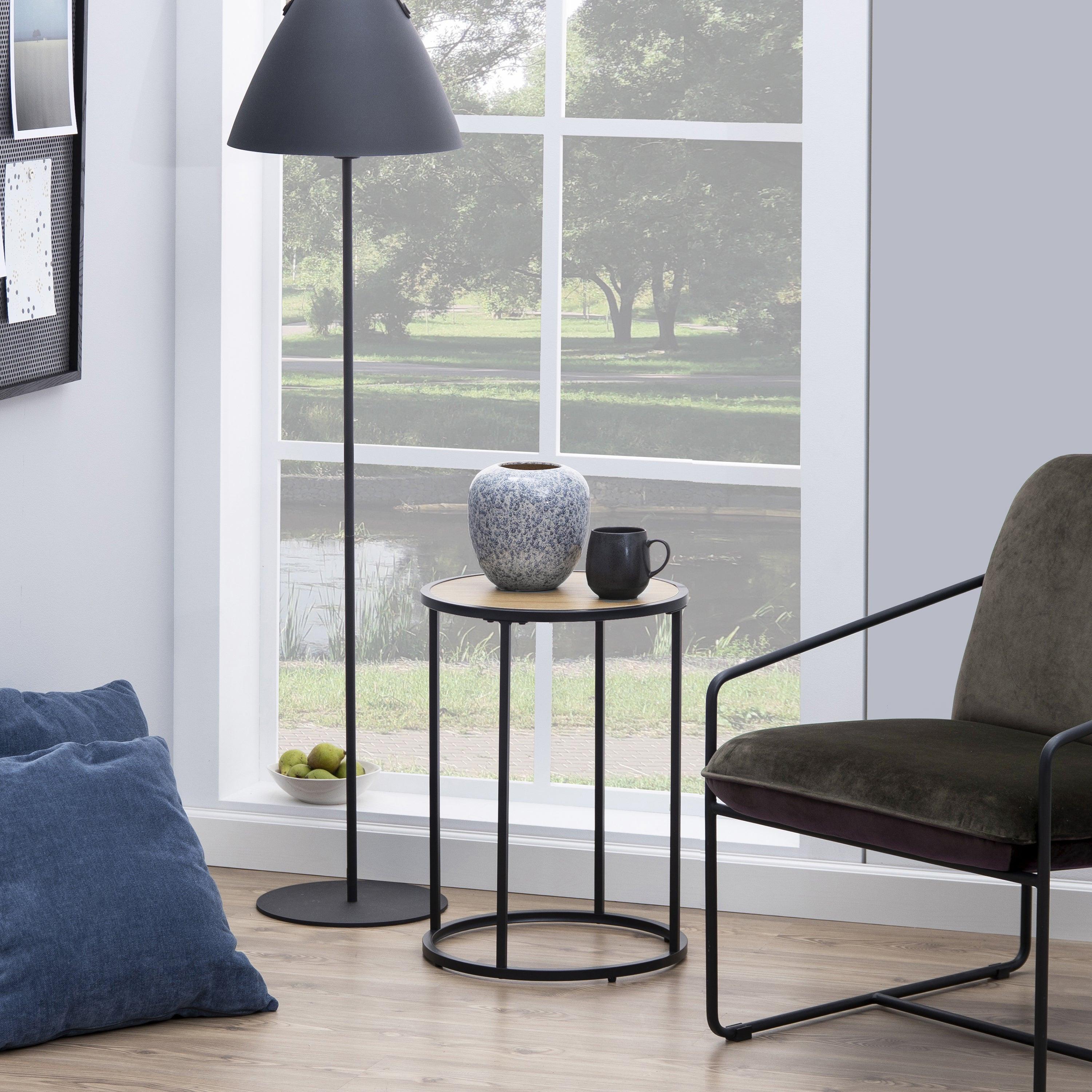 Seaford Black Metal Small Round Side Table with Oak Top - image 3