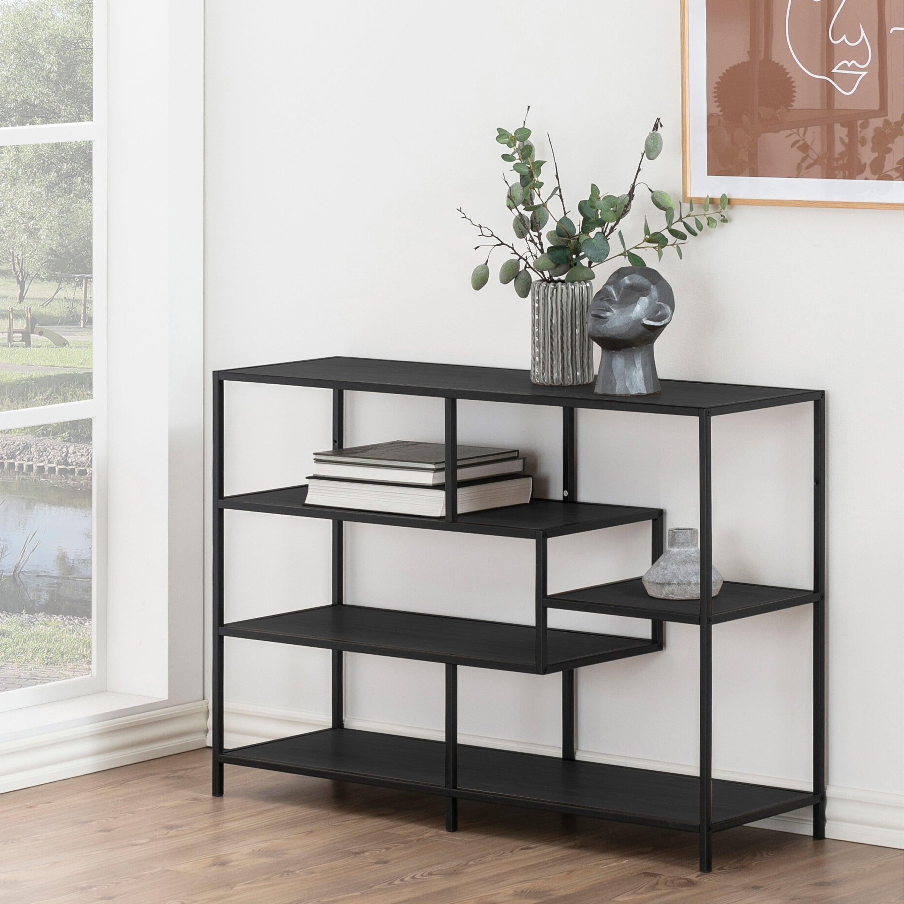 Seaford Wide Black Metal Bookcase with 4 Black Oak Shelves - image 5