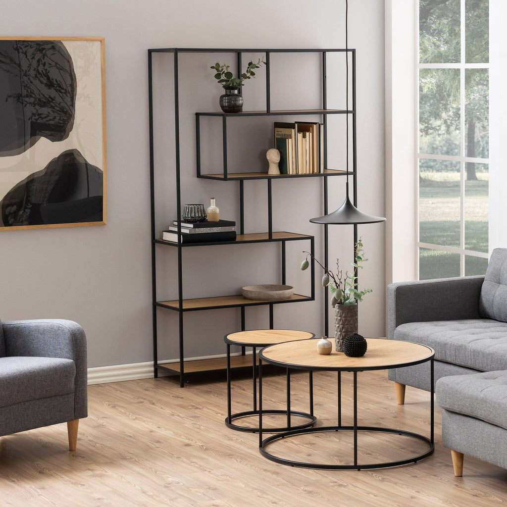 Seaford Black Metal Large Asymmetrical Bookcase with 5 Oak Shelves - image 4