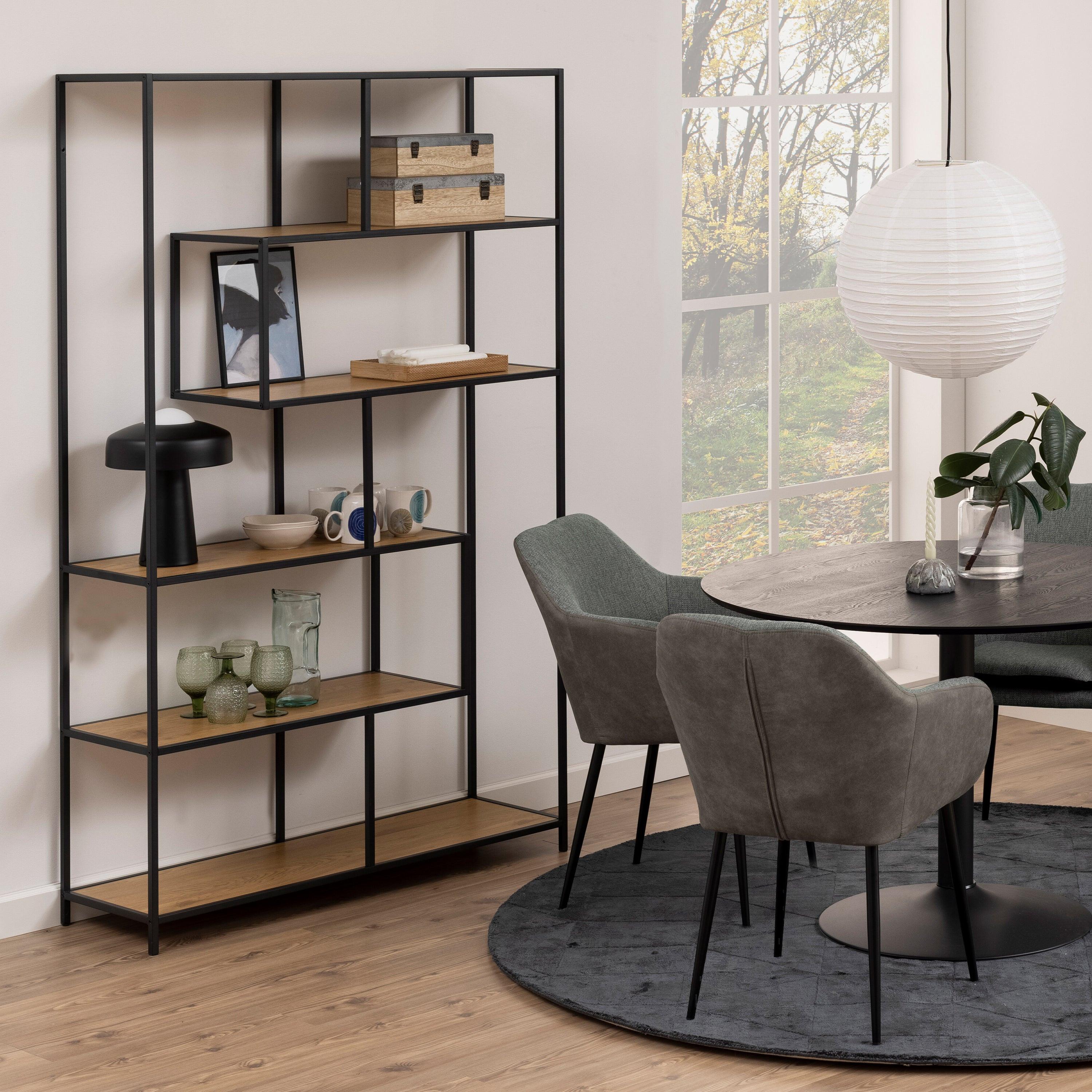 Seaford Black Metal Large Asymmetrical Bookcase with 5 Oak Shelves - image 5