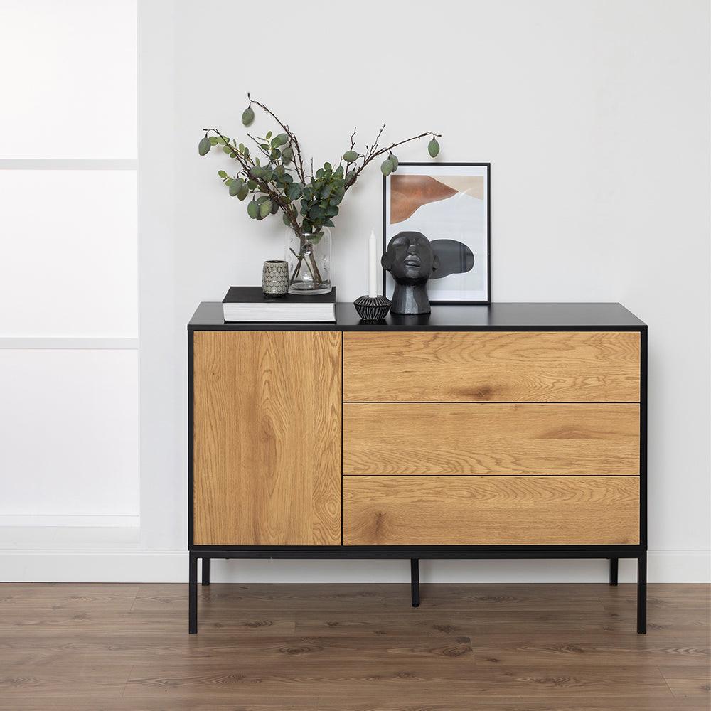 Seaford 1 Door 3 Drawer Small Sideboard in Black & Oak - image 7