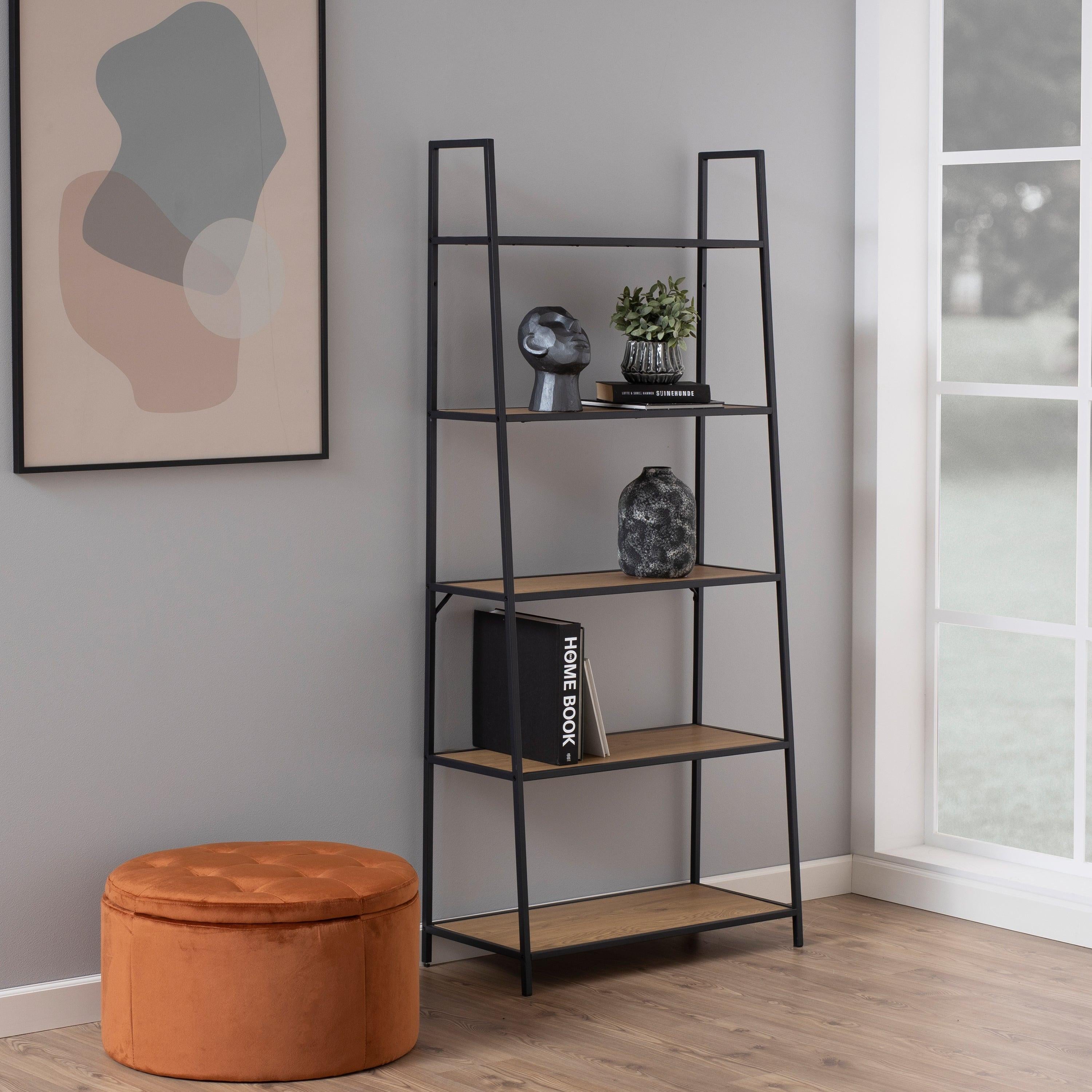 Seaford Black Metal Ladder Bookcase with 5 Oak Shelves - image 4