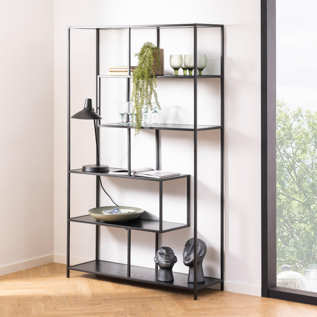 Seaford Black Metal Large Asymmetrical Bookcase with 5 Black Shelves - image 5