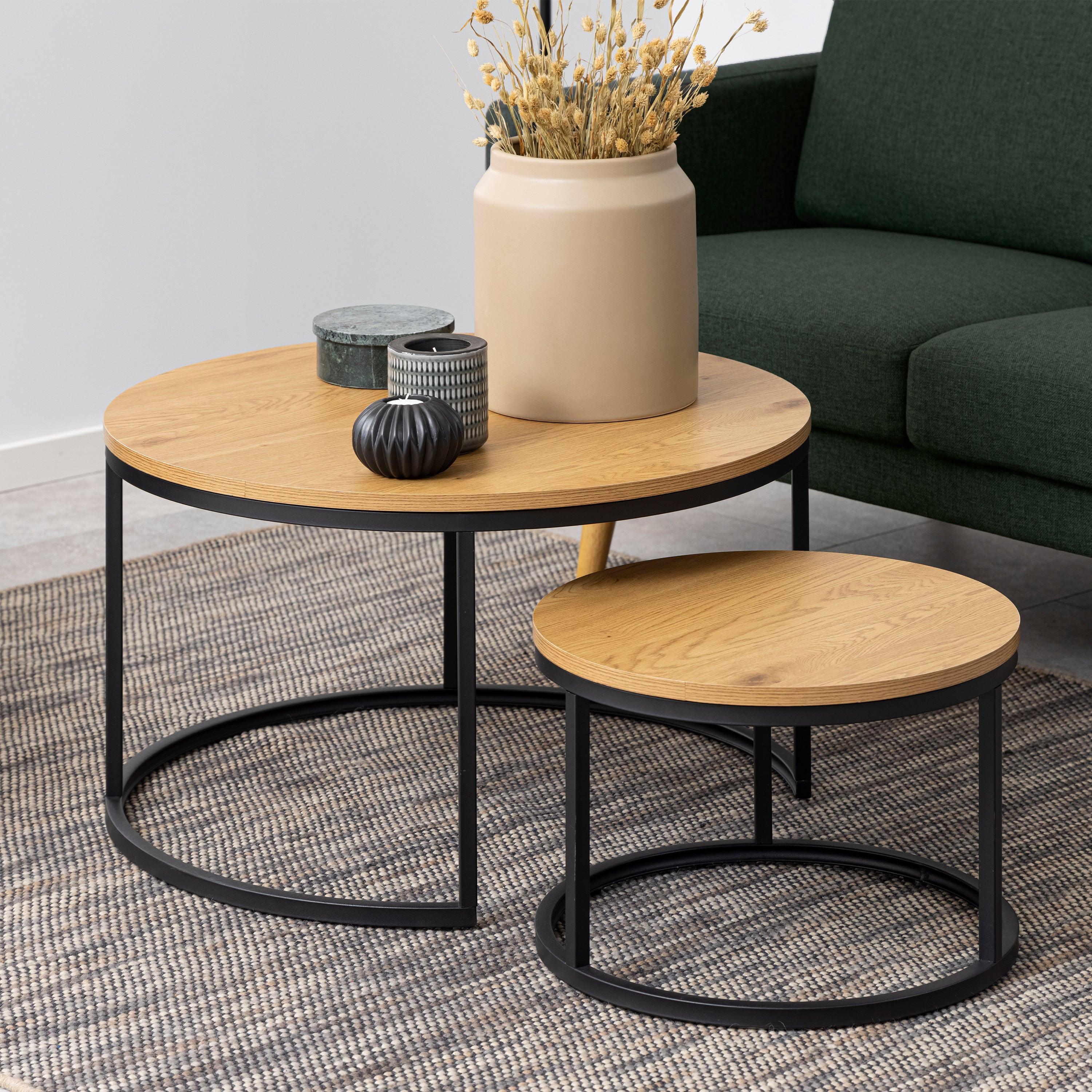 Spiro Round Coffee Table Set with Oak Top & Black Legs - image 3