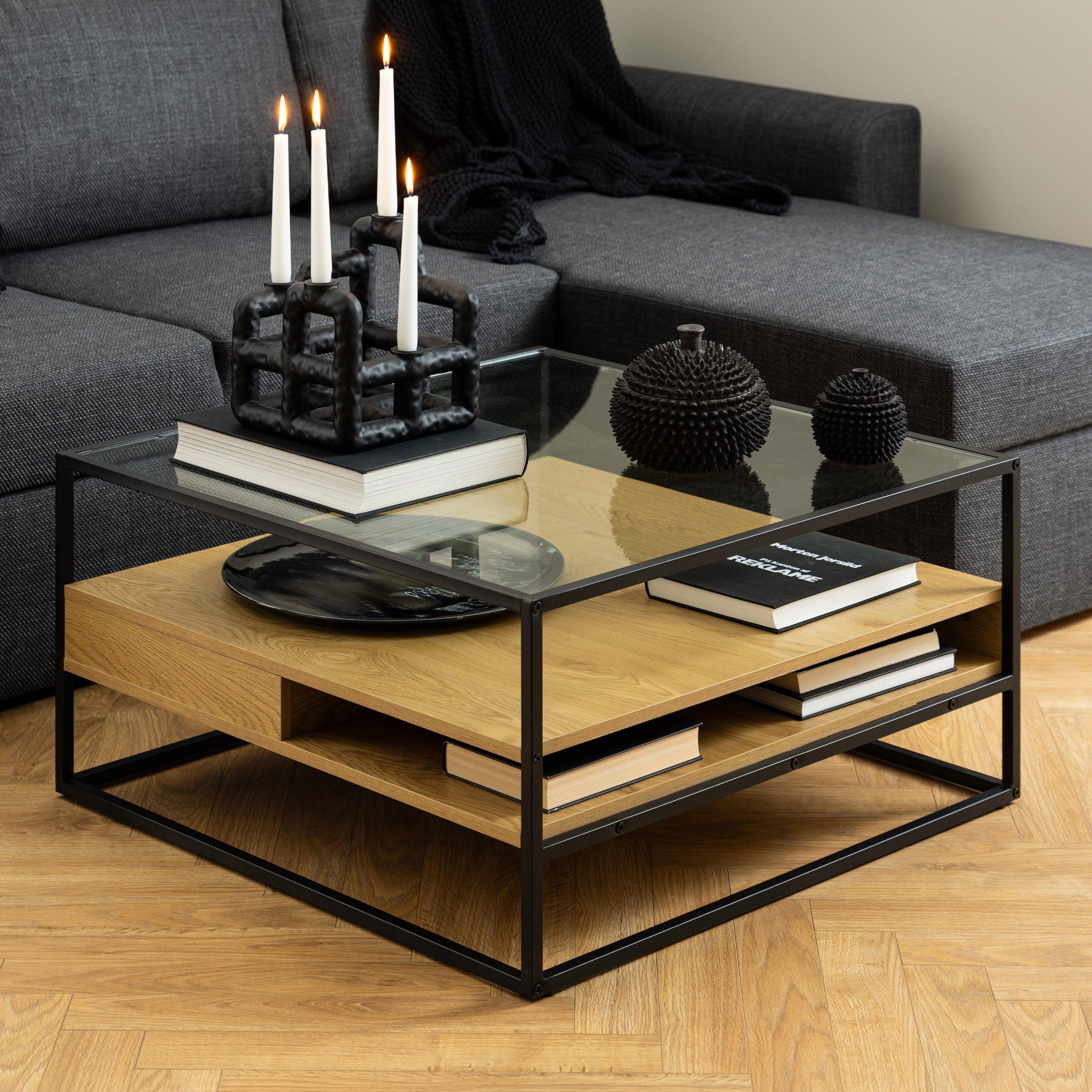 Randolf Square Coffee Table with 2 Shelves in Black and Oak - image 4