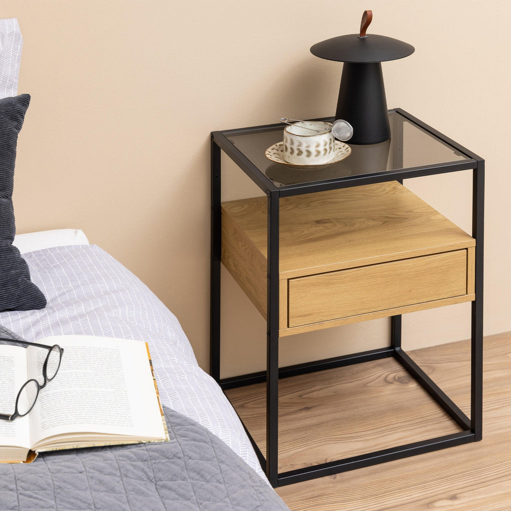 Randolf Square Bedside Table with 1 Drawer in Black and Oak - image 4