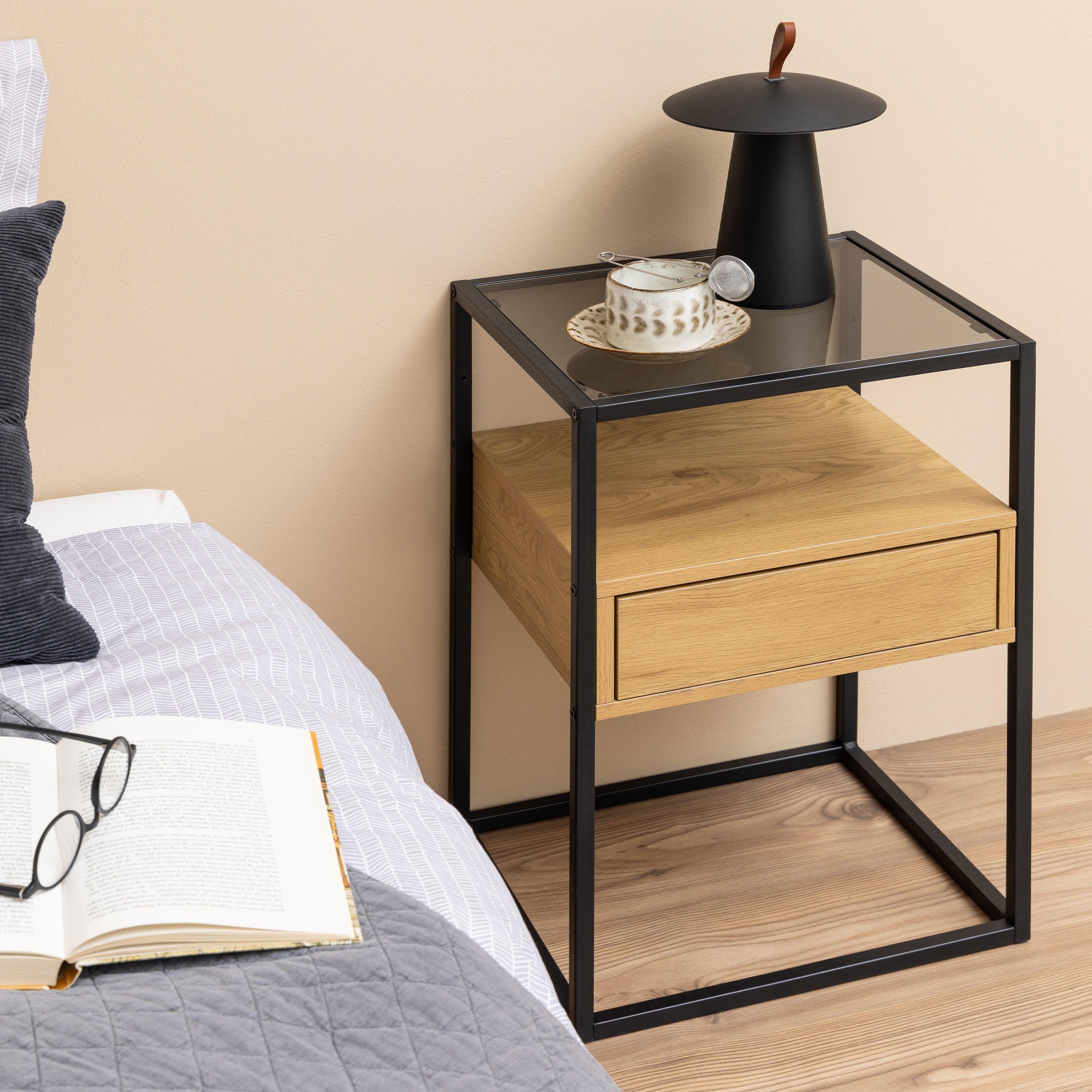 Randolf Square Bedside Table with 1 Drawer in Black and Oak - image 4