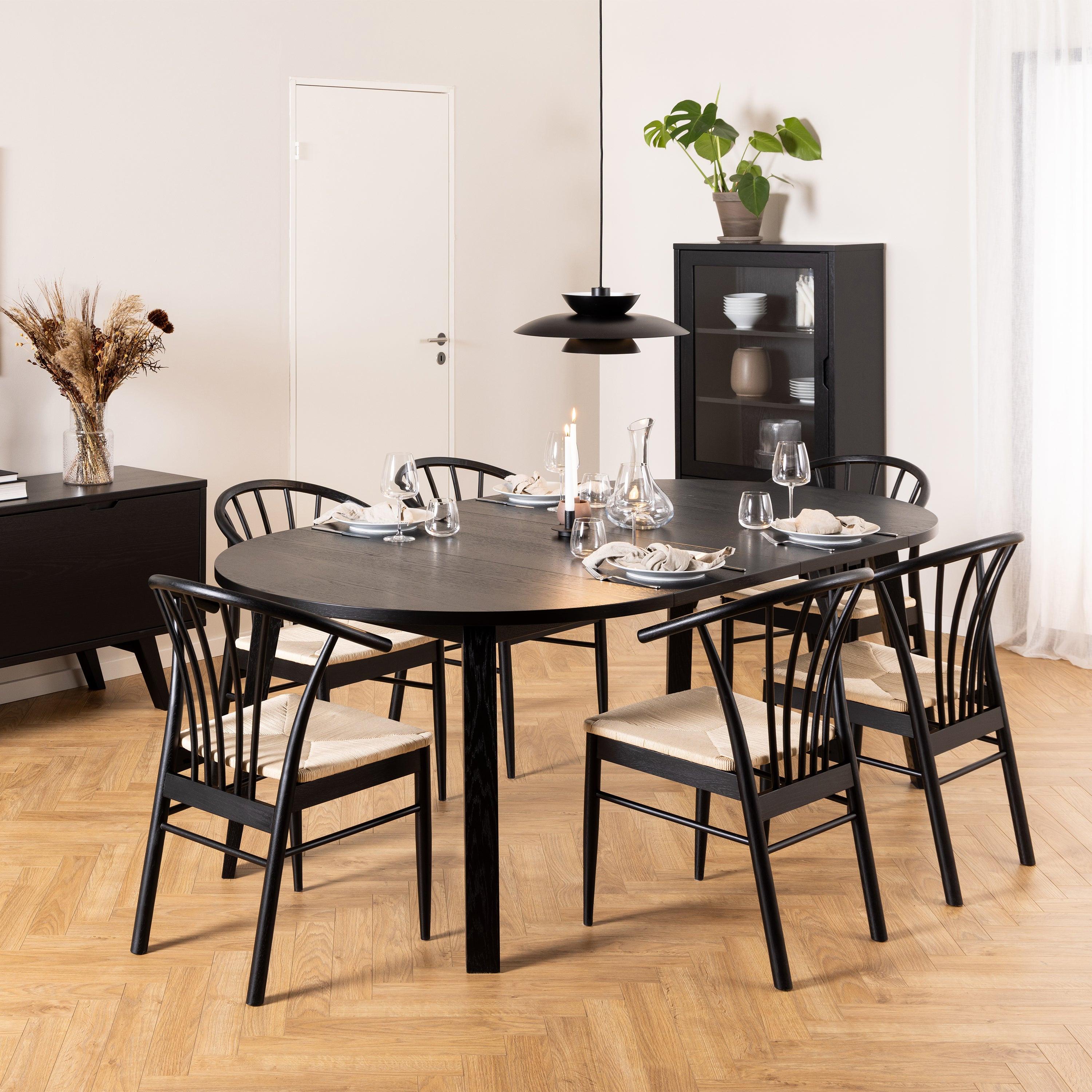 Montreux Round Extending Dining Table in Black 115-154cm includes 6 Cassandra Dining Chairs with Armrest in Black