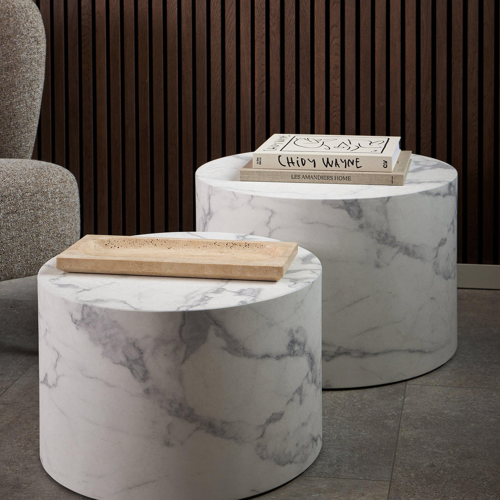 Dice Round Coffee Table Set of 2 in White Marble and Carrara Rough Paper - image 4