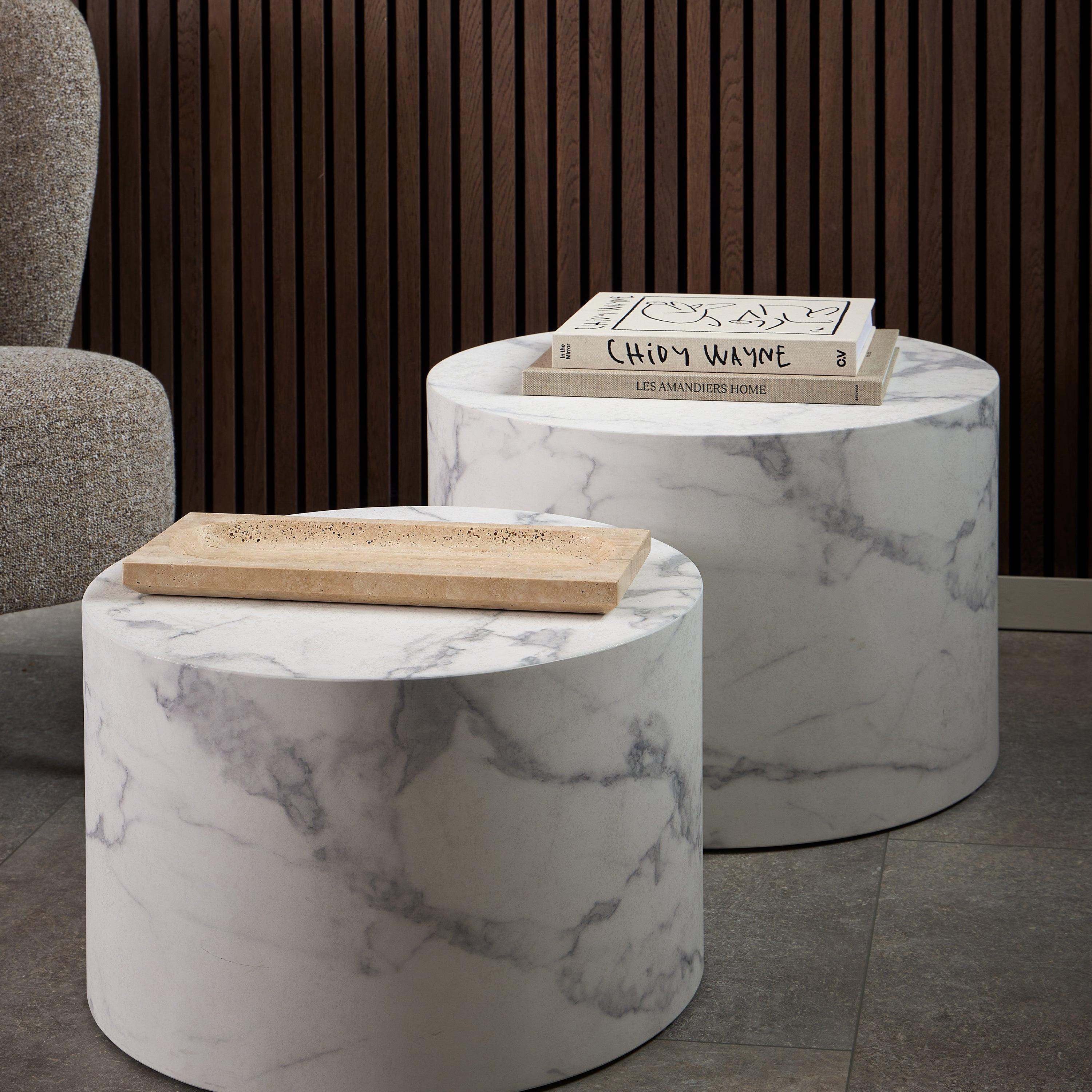 Dice Round Coffee Table Set of 2 in White Marble and Carrara Rough Paper - image 4