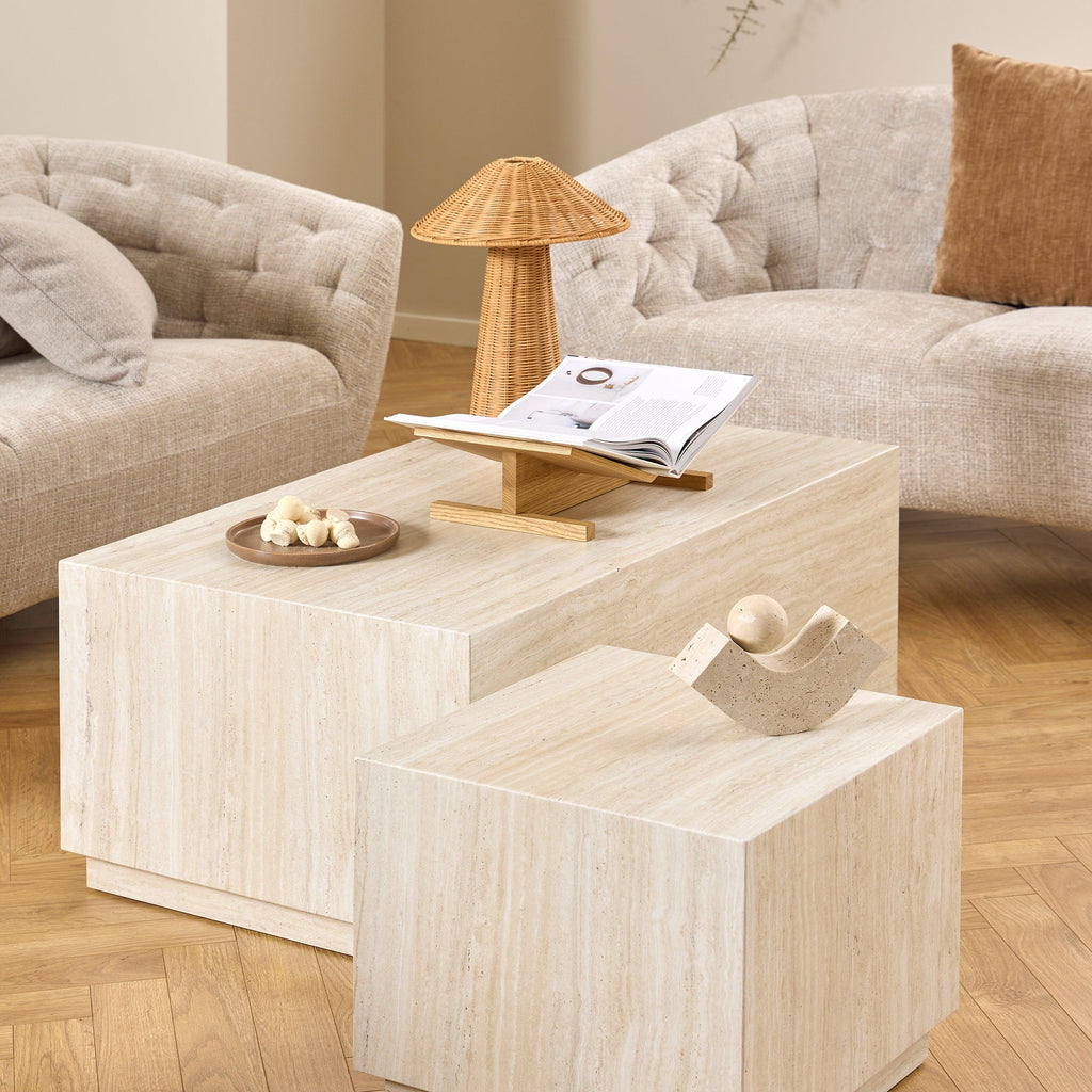 Dice Square and Rectangular Coffee Table Set of 2 in Travertine Rough Paper Effect - image 5