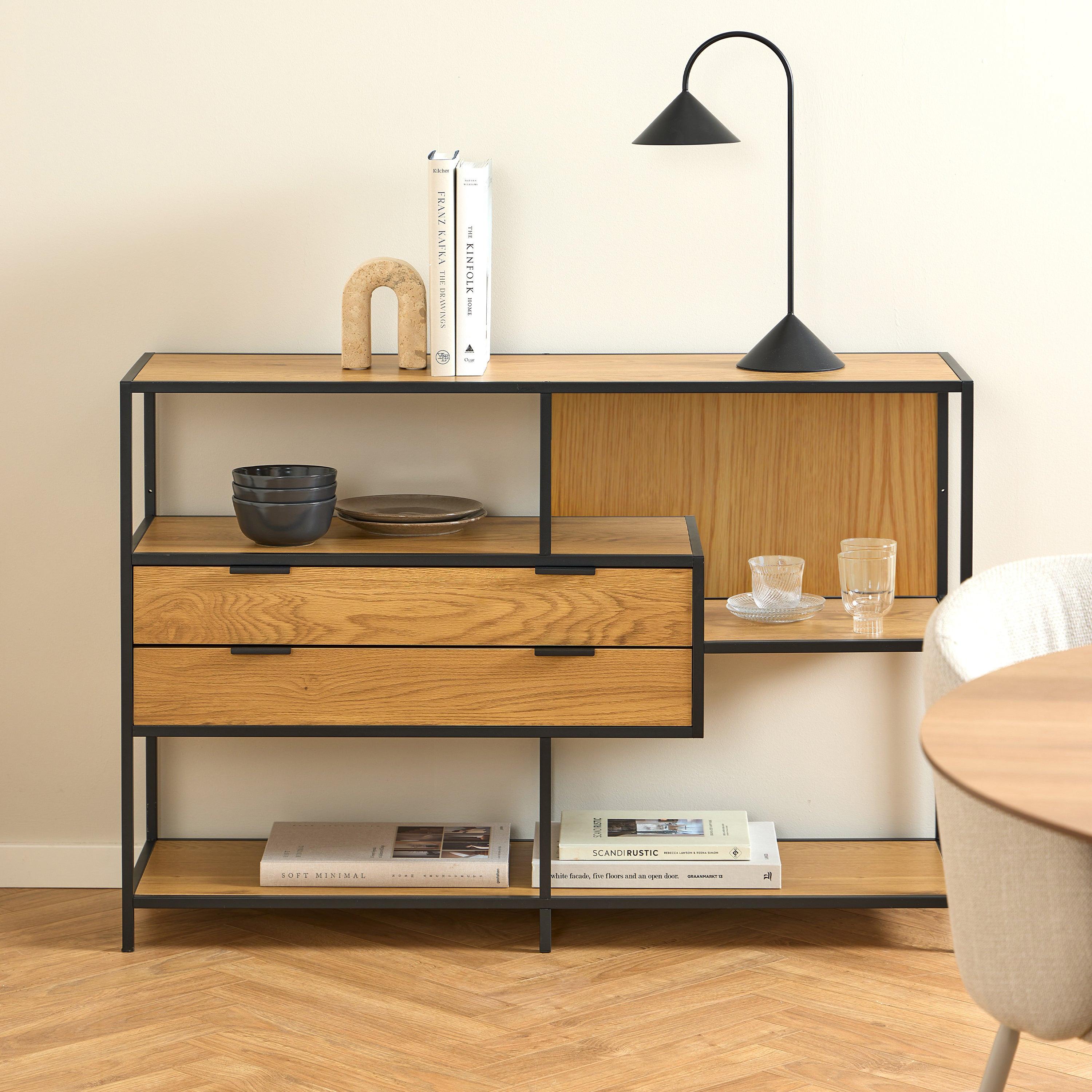 Seaford Wide Oak Metal Bookcase 2 Drawers and 3 Shelves in Matt Wild Oak - image 6
