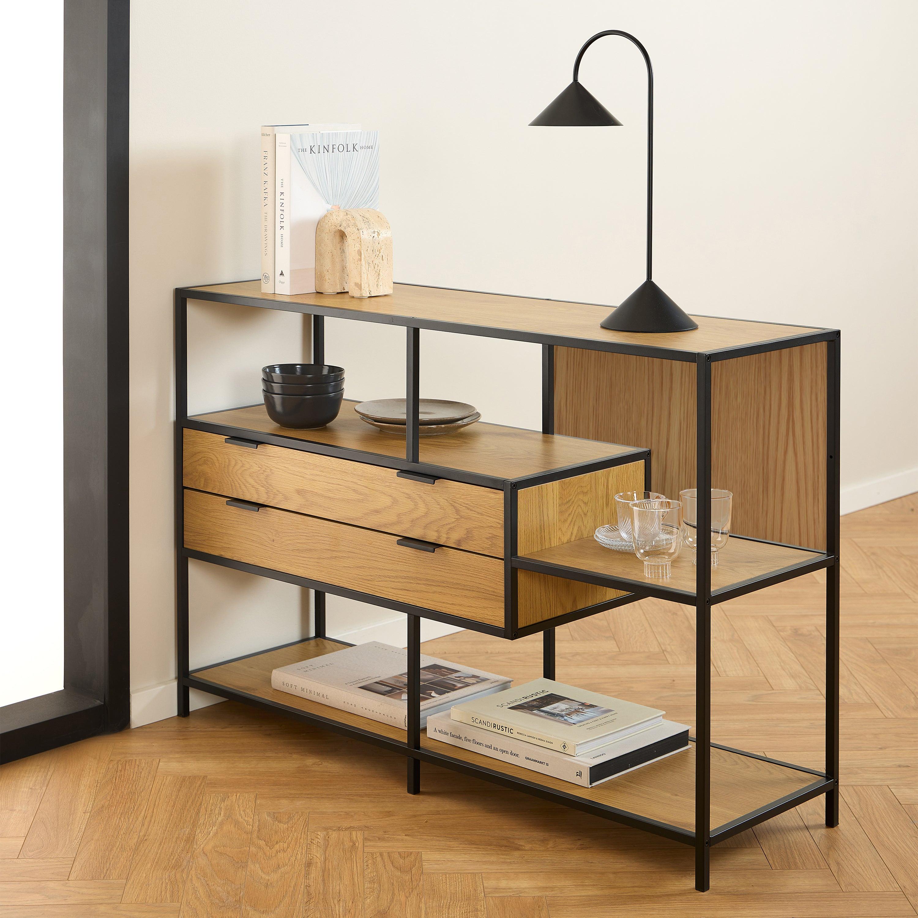 Seaford Wide Oak Metal Bookcase 2 Drawers and 3 Shelves in Matt Wild Oak - image 7