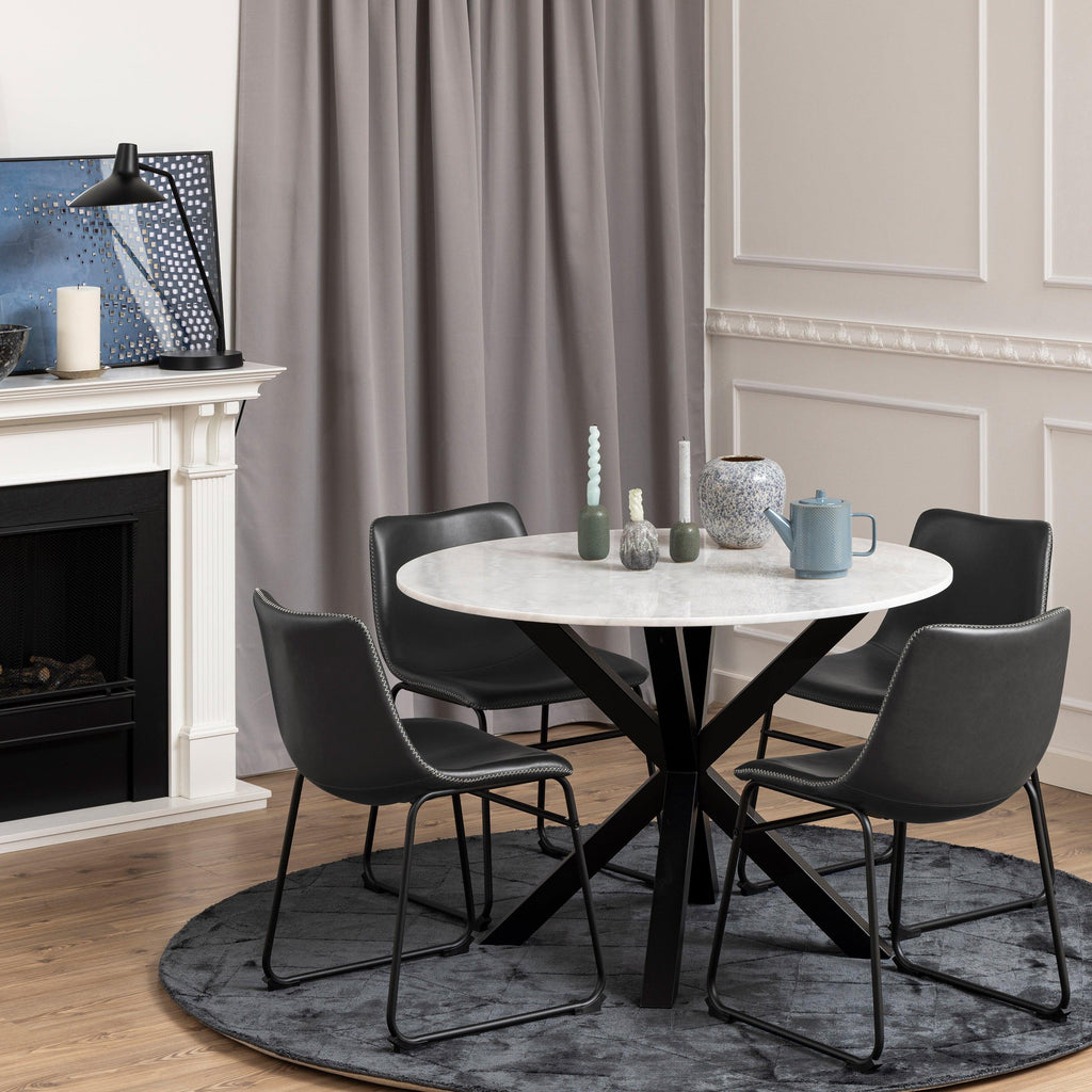 Heaven Round Dining Table with White Polished Marble Top 110cm includes 4 I_Oregon Dining Chairs in Black with Cream Stitchin