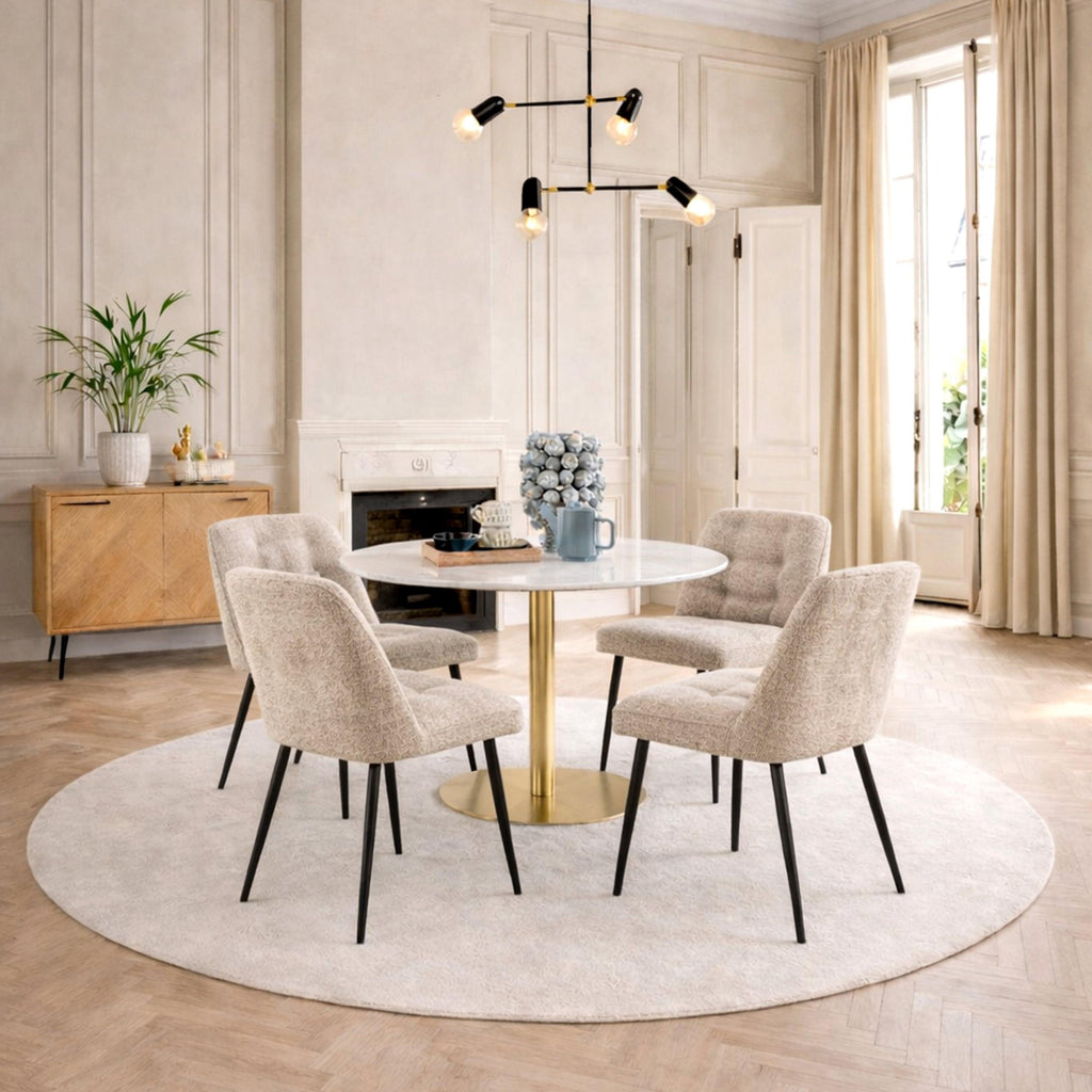 Corby Round Dining Table with White Polished Marble Top & Gold Base inc 4 Brooke Dining Chairs in Beige