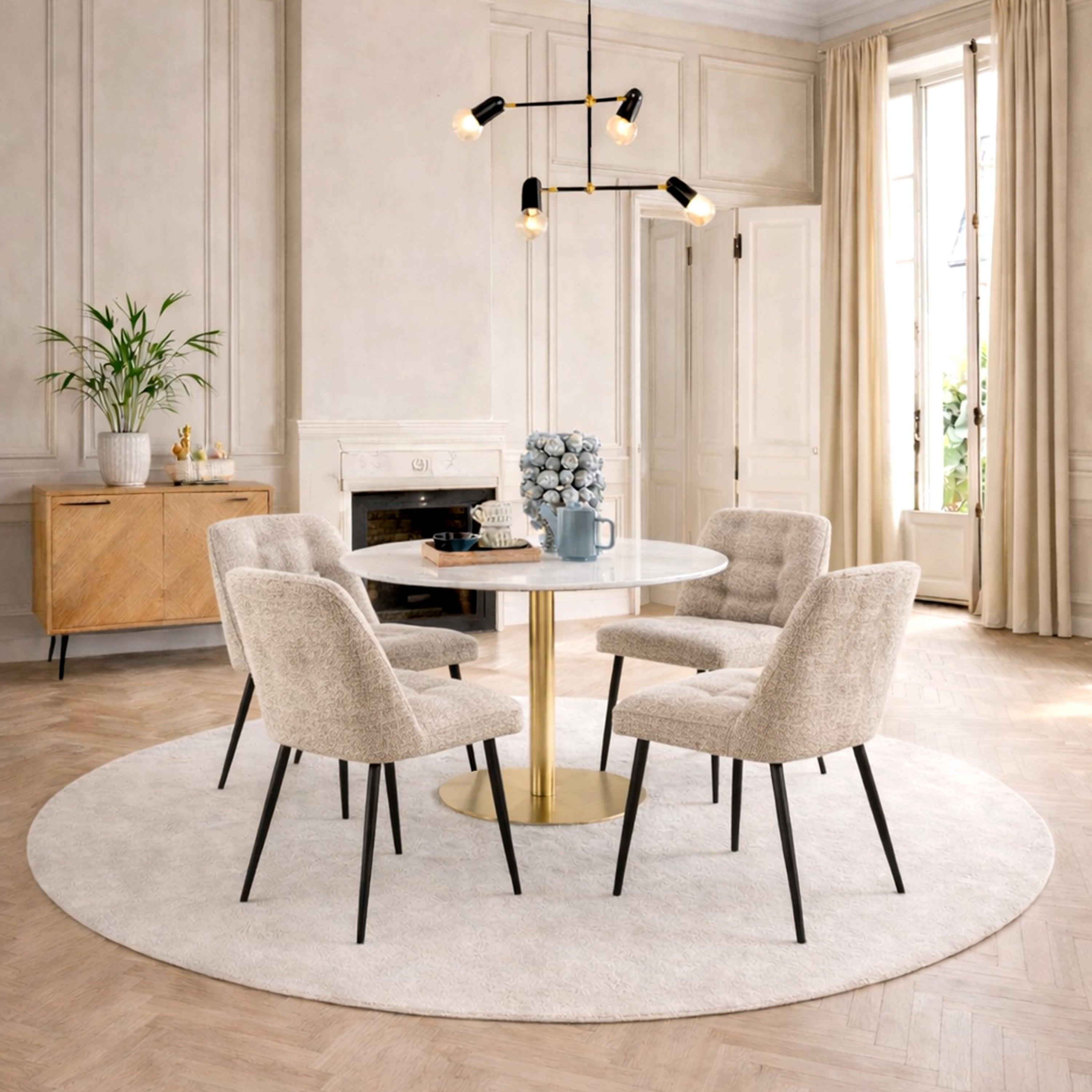 Corby Round Dining Table with White Polished Marble Top & Gold Base inc 4 Brooke Dining Chairs in Beige