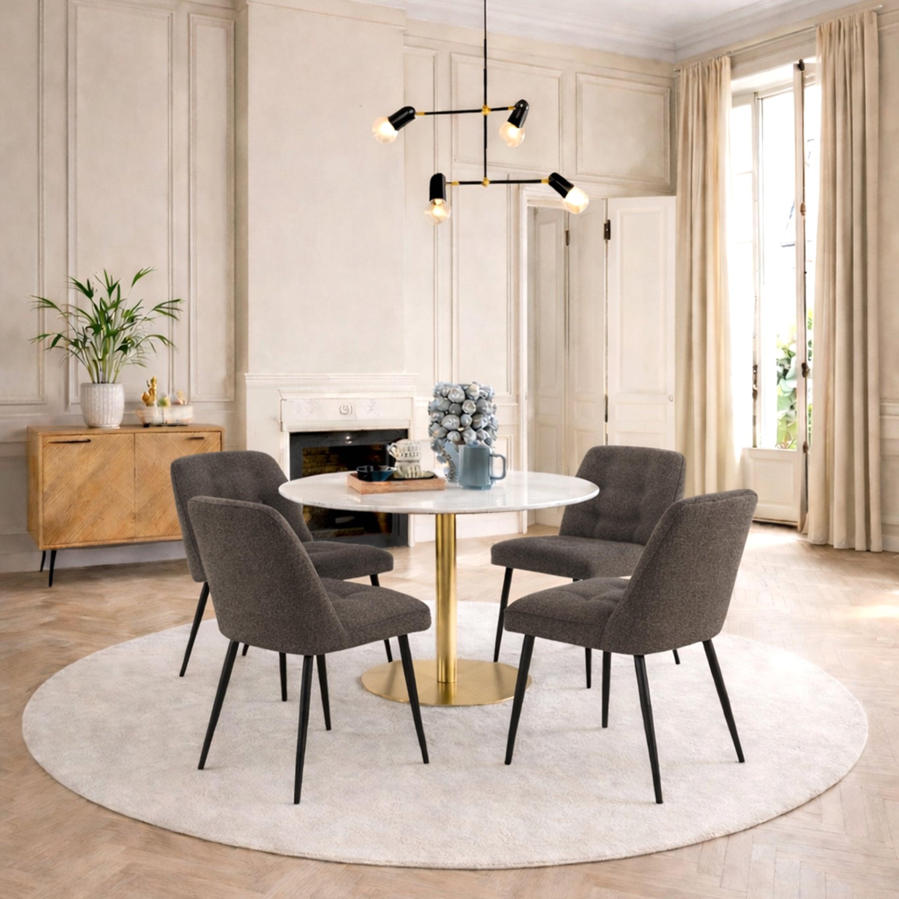Corby Round Dining Table with White Polished Marble Top & Gold Base inc 4 Brooke Dining Chairs in Taupe