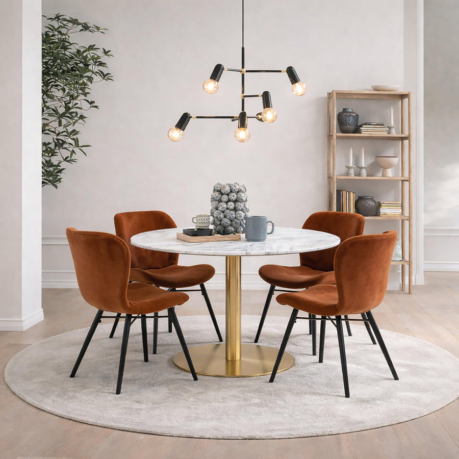 Corby Round Dining Table with White Polished Marble Top & Gold Base inc 4 Batilda Dining Chairs in Copper