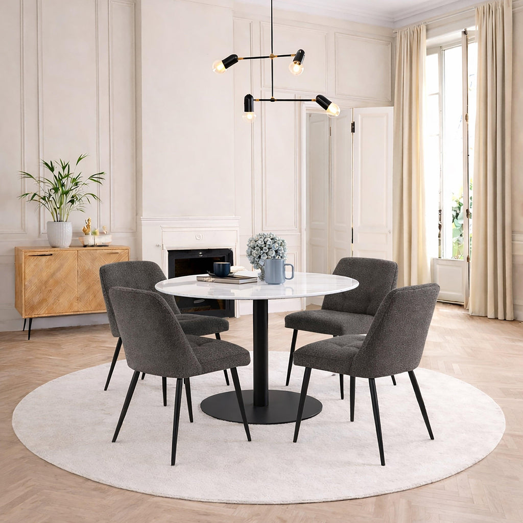 Corby Round Dining Table with White Polished Marble Top & Black Base includes 4 Brooke Dining Chairs in Taupe