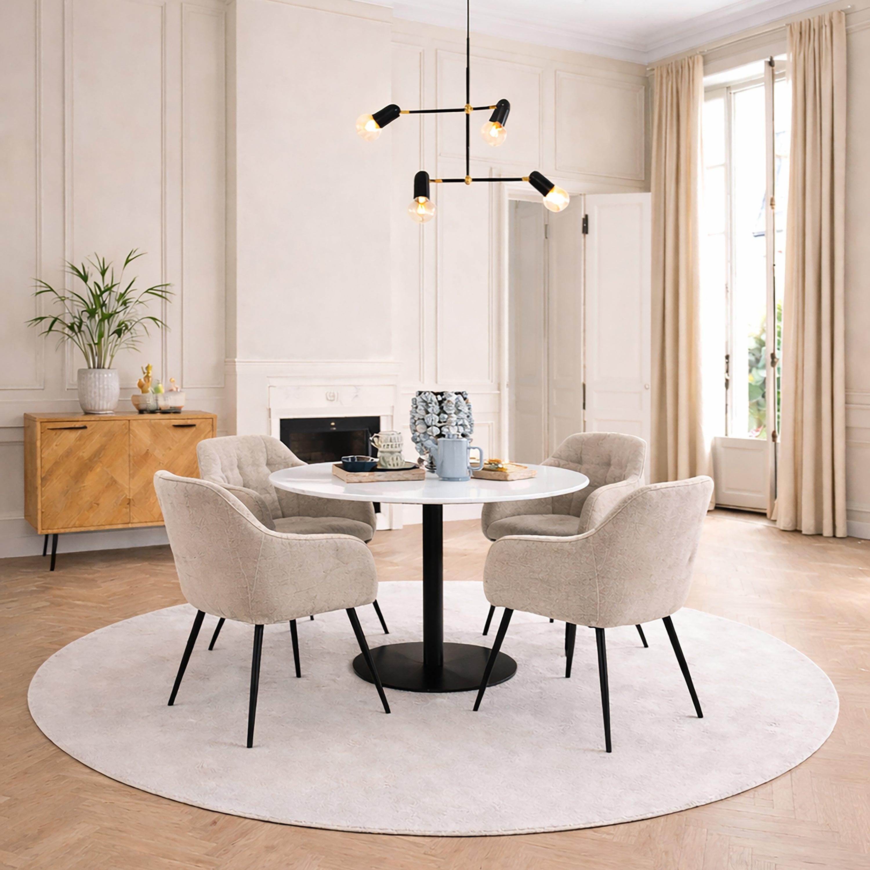 Corby Round Dining Table with White Polished Marble Top & Black Base includes 4 Brooke Dining Chairs with Arm Rest in Monza B