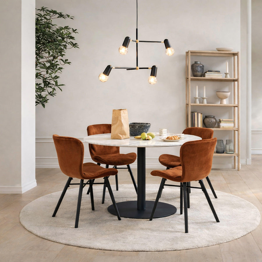 Corby Round Dining Table with White Polished Marble Top & Black Base includes 4 Batilda Dining Chairs in Copper