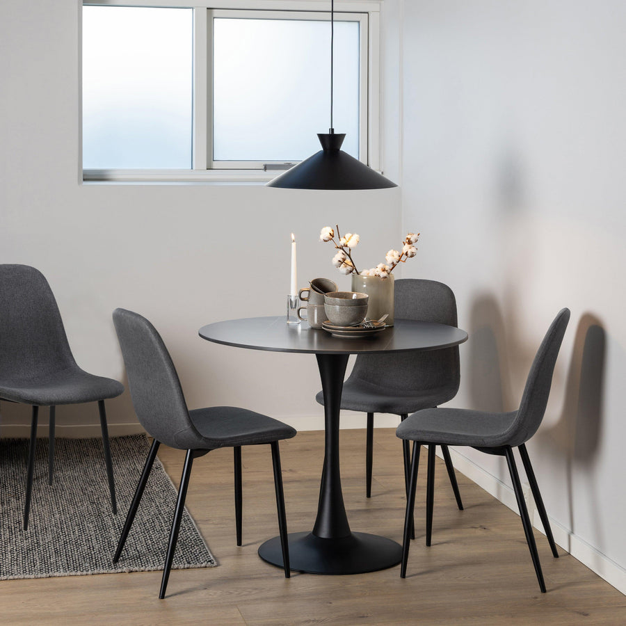 Malta Ceramic Round Dining Table in Black 90cm includes 4 Celia Dining Chairs in Light Grey