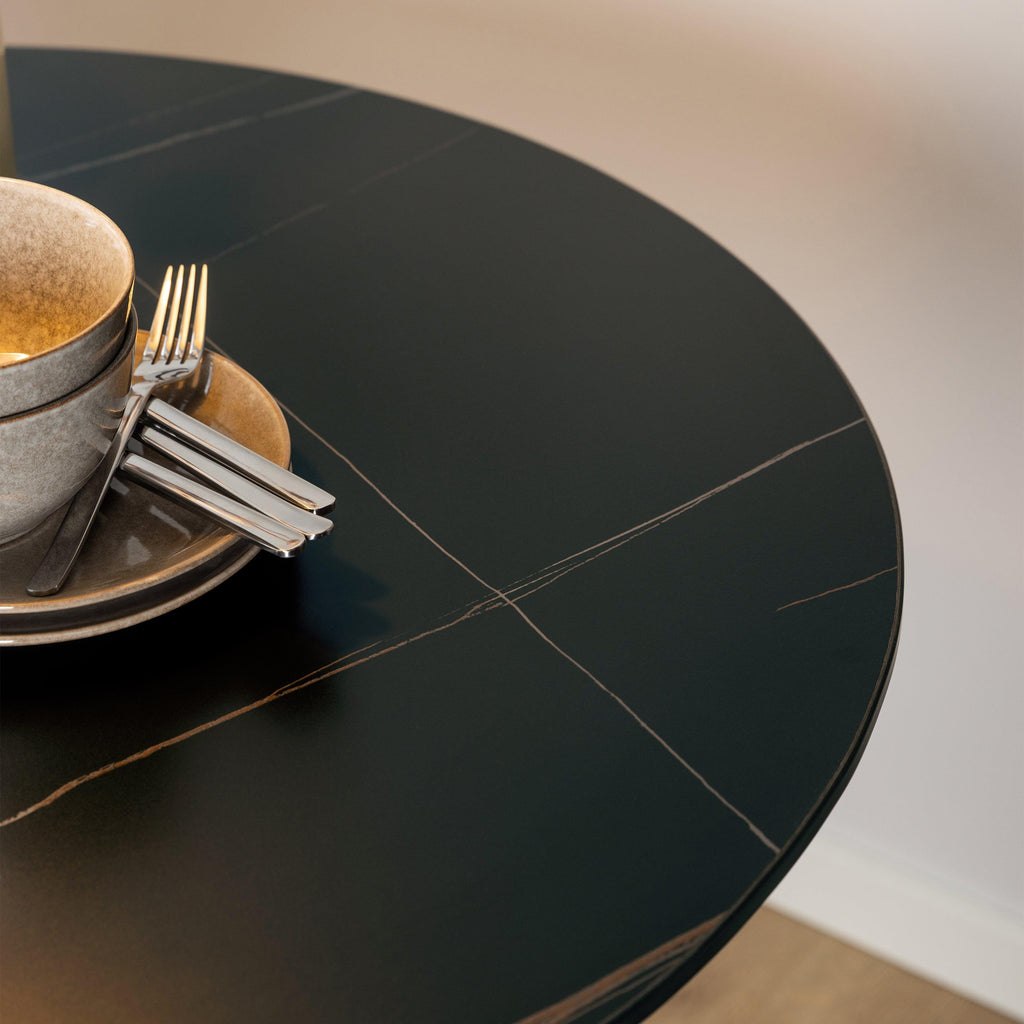Malta Ceramic Round Dining Table in Black 90cm includes 4 Celia Dining Chairs in Light Grey - image 3