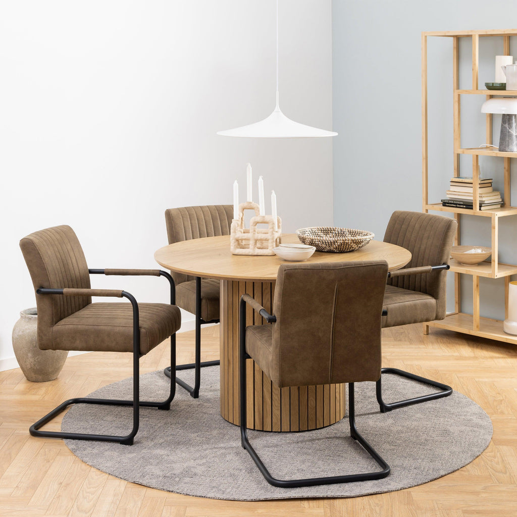 Yale Dining Table in Oak 120cm includes 4 Adele Dining Chairs in Light Brown Fabric